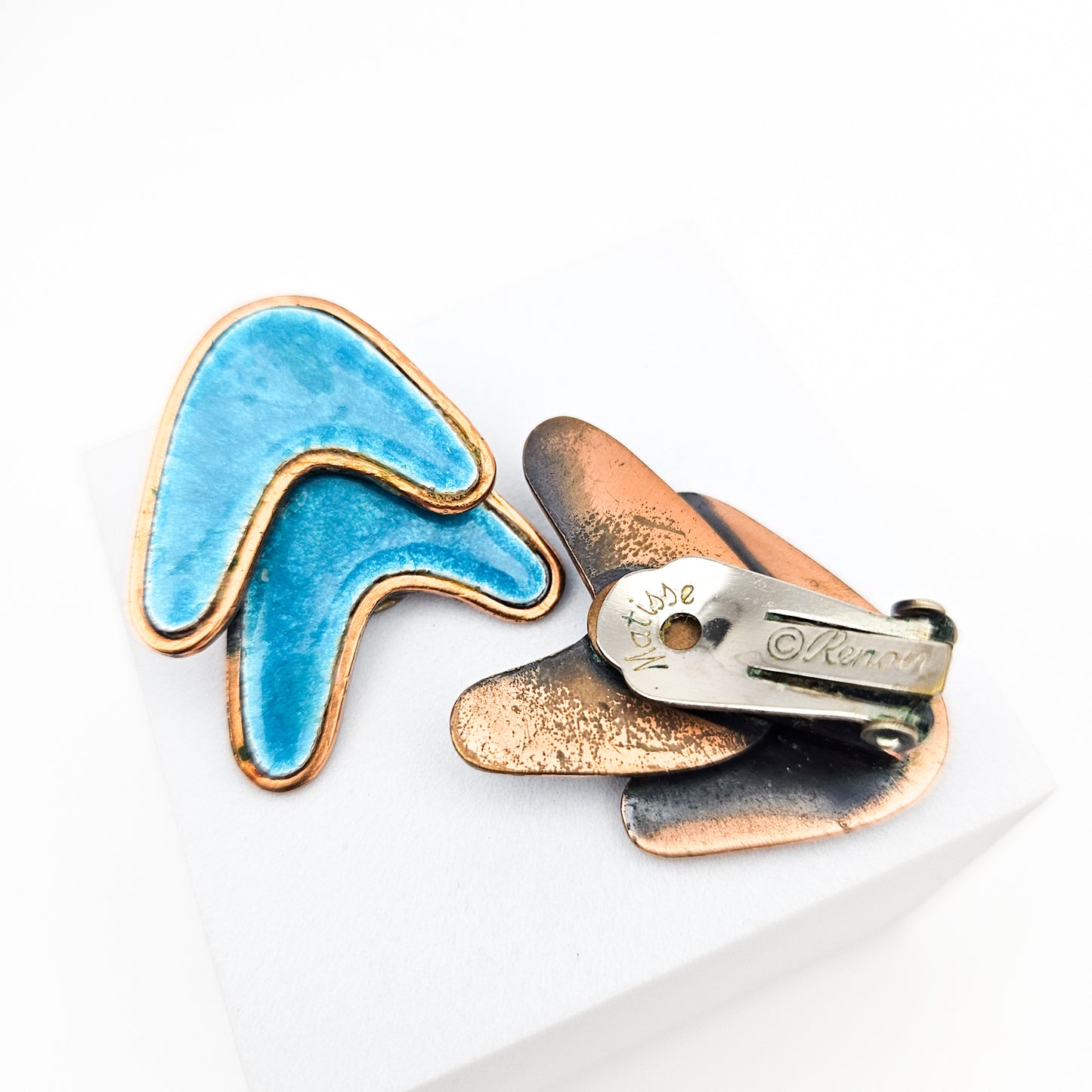 Signed Renoir Matisse Teal Enamel Earrings | Mid-Century Copper Jewelry