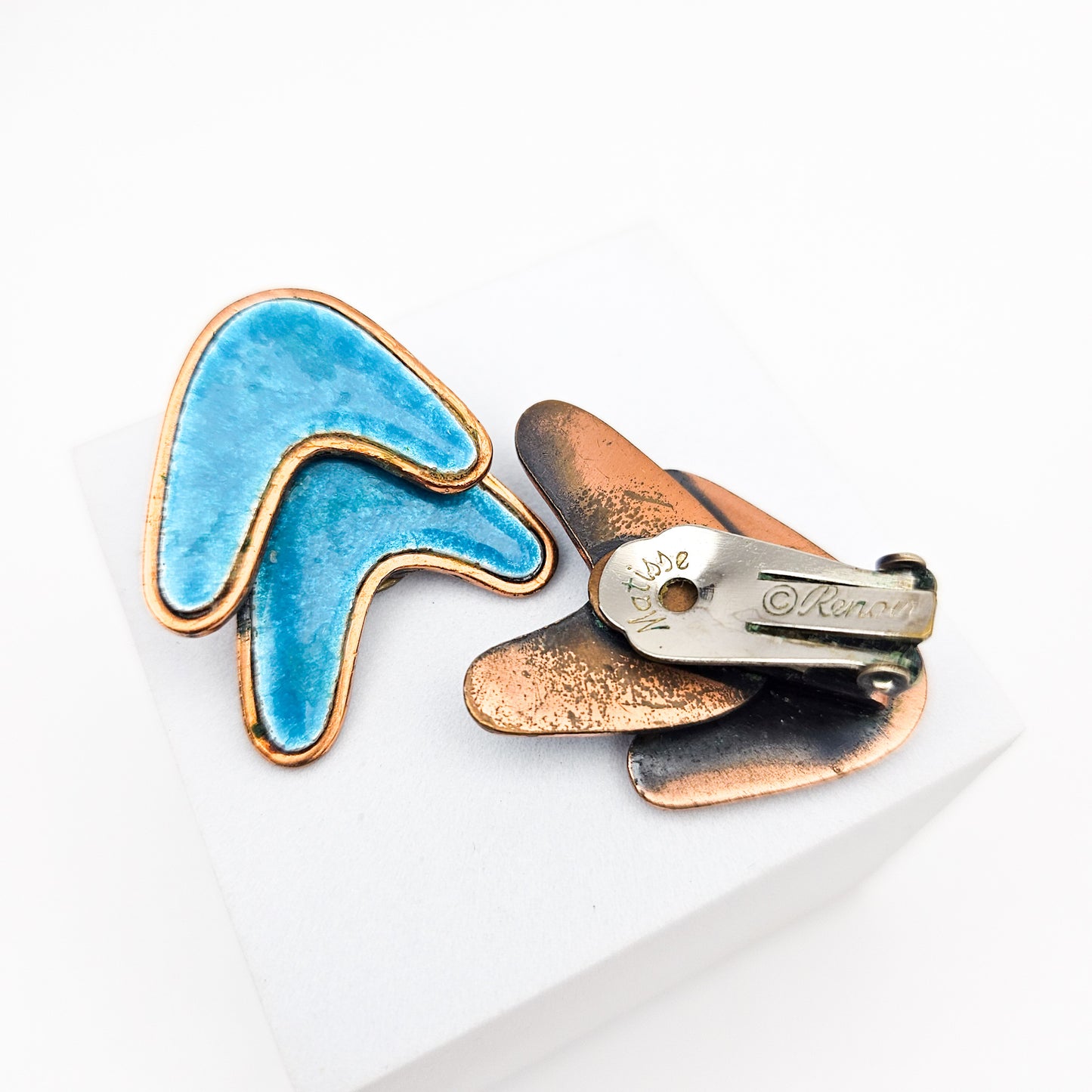 Signed Renoir Matisse Teal Enamel Earrings | Mid-Century Copper Jewelry