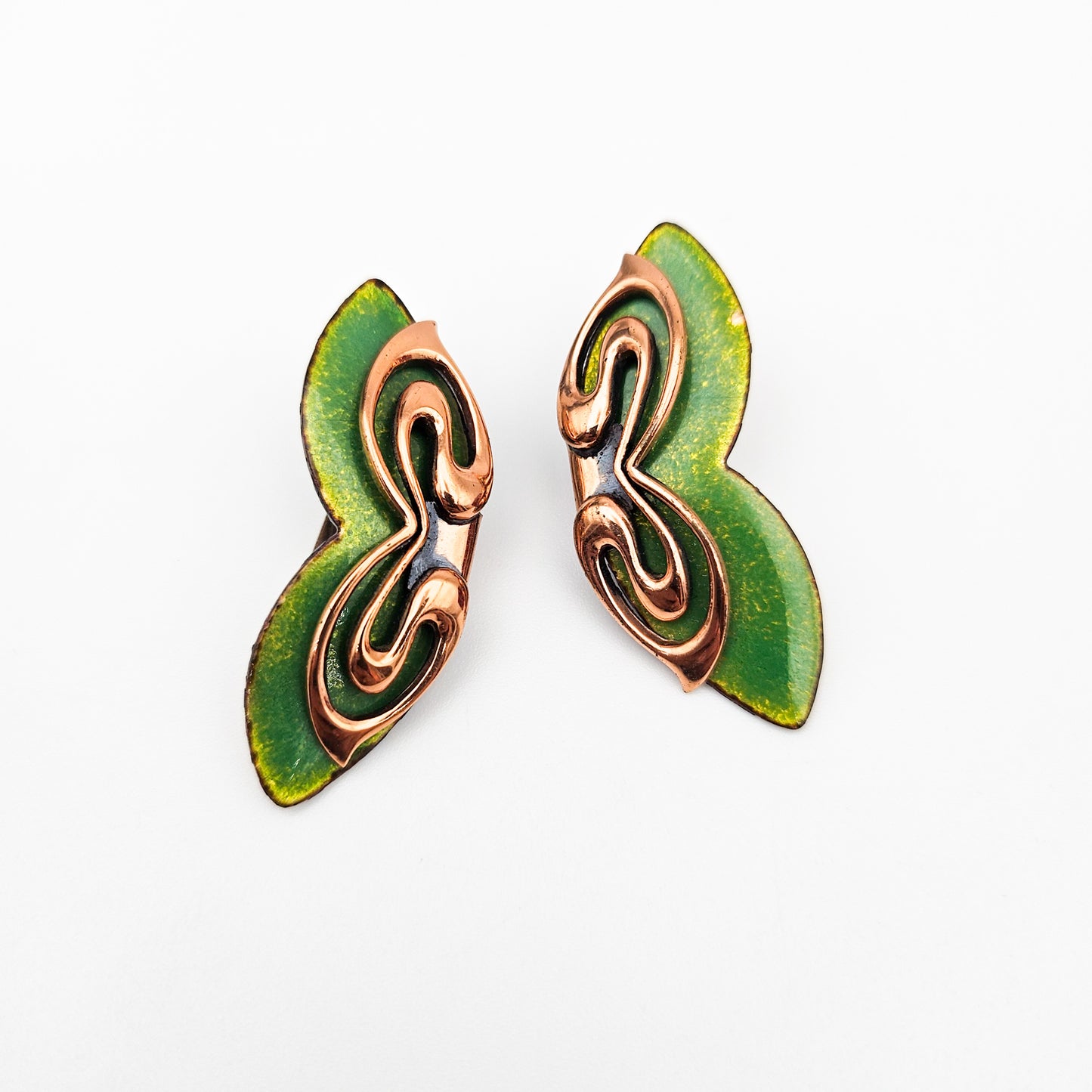 Signed Matisse Green Enamel Butterfly Earrings | Mid-Century Copper Jewelry