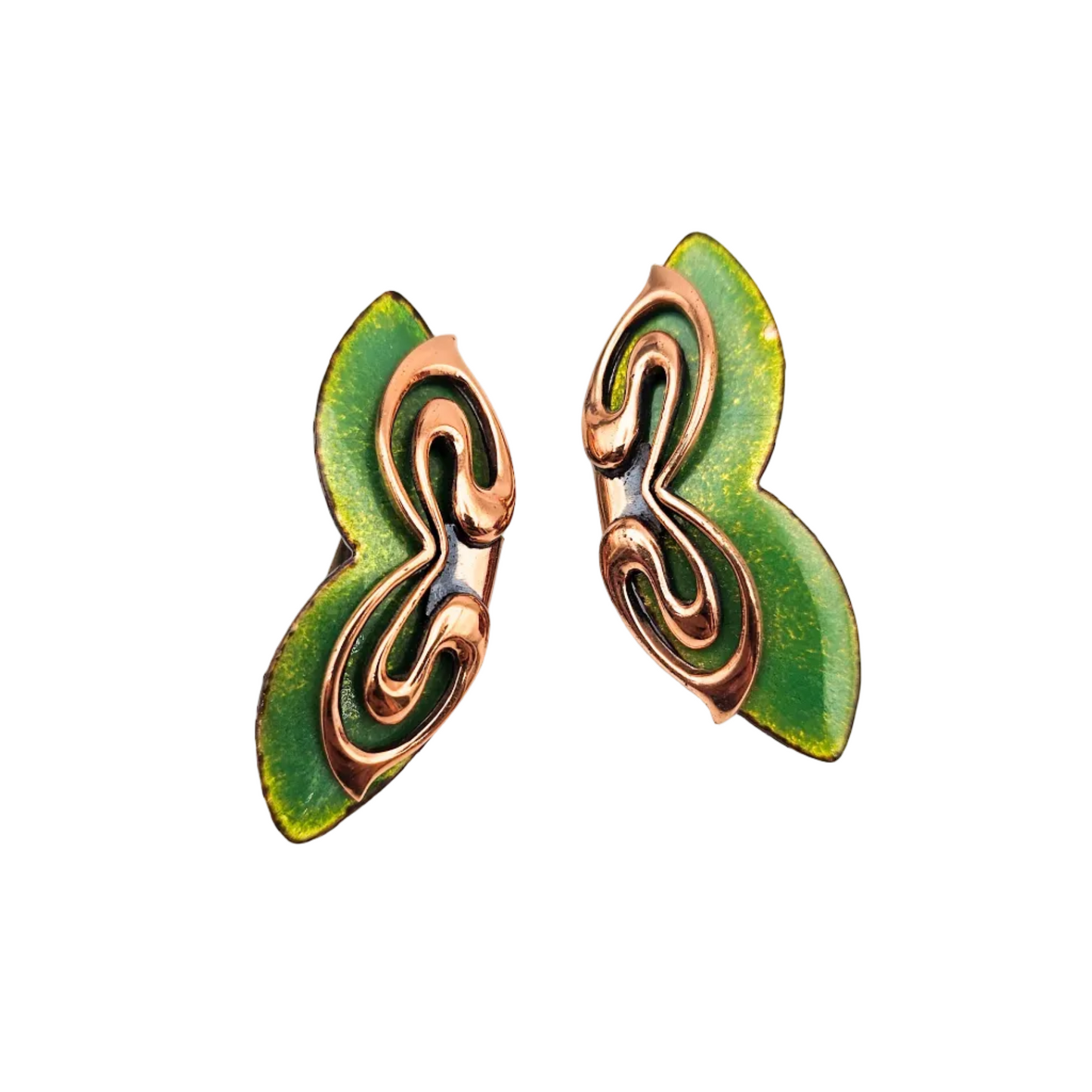 Signed Matisse Green Enamel Butterfly Earrings | Mid-Century Copper Jewelry