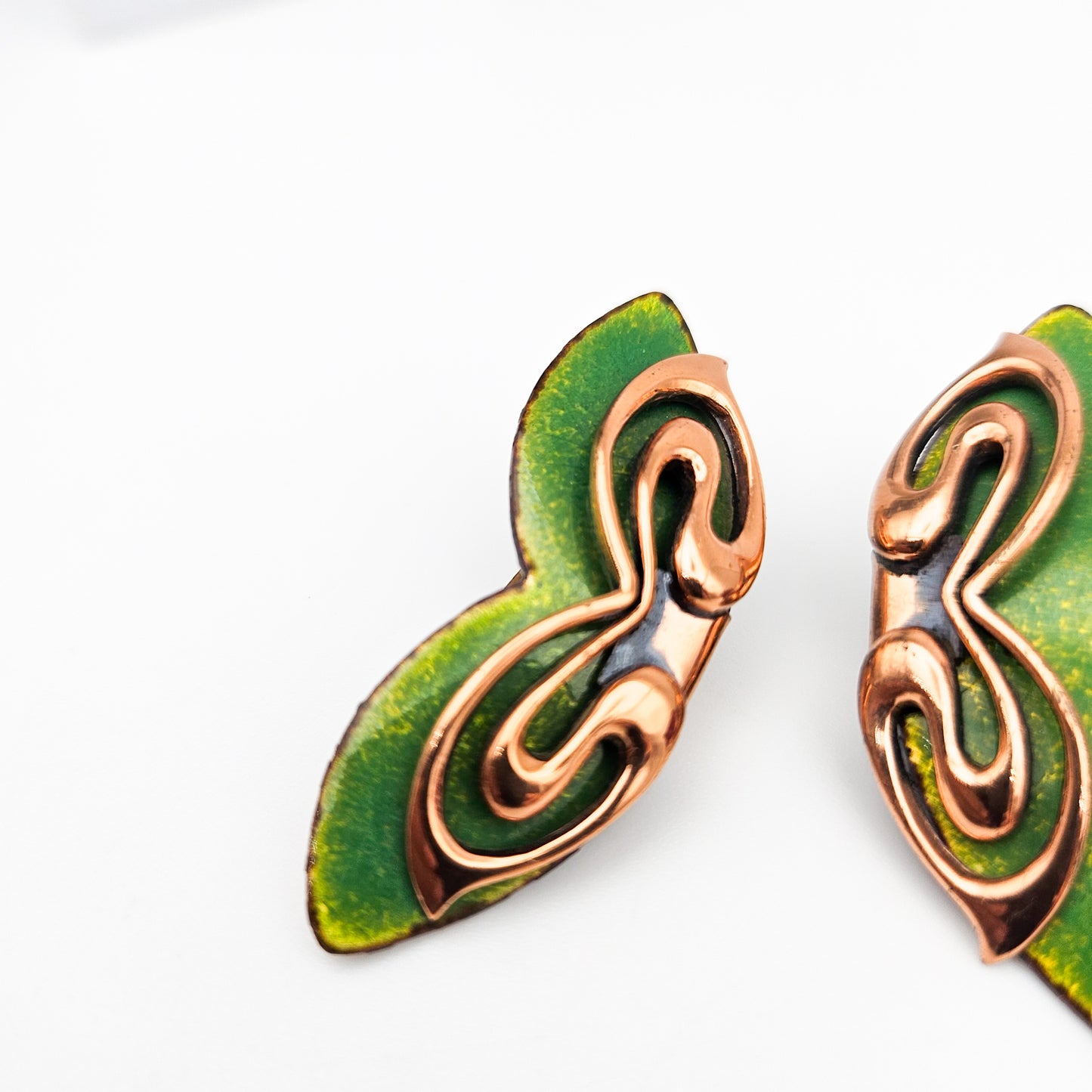 Signed Matisse Green Enamel Butterfly Earrings | Mid-Century Copper Jewelry