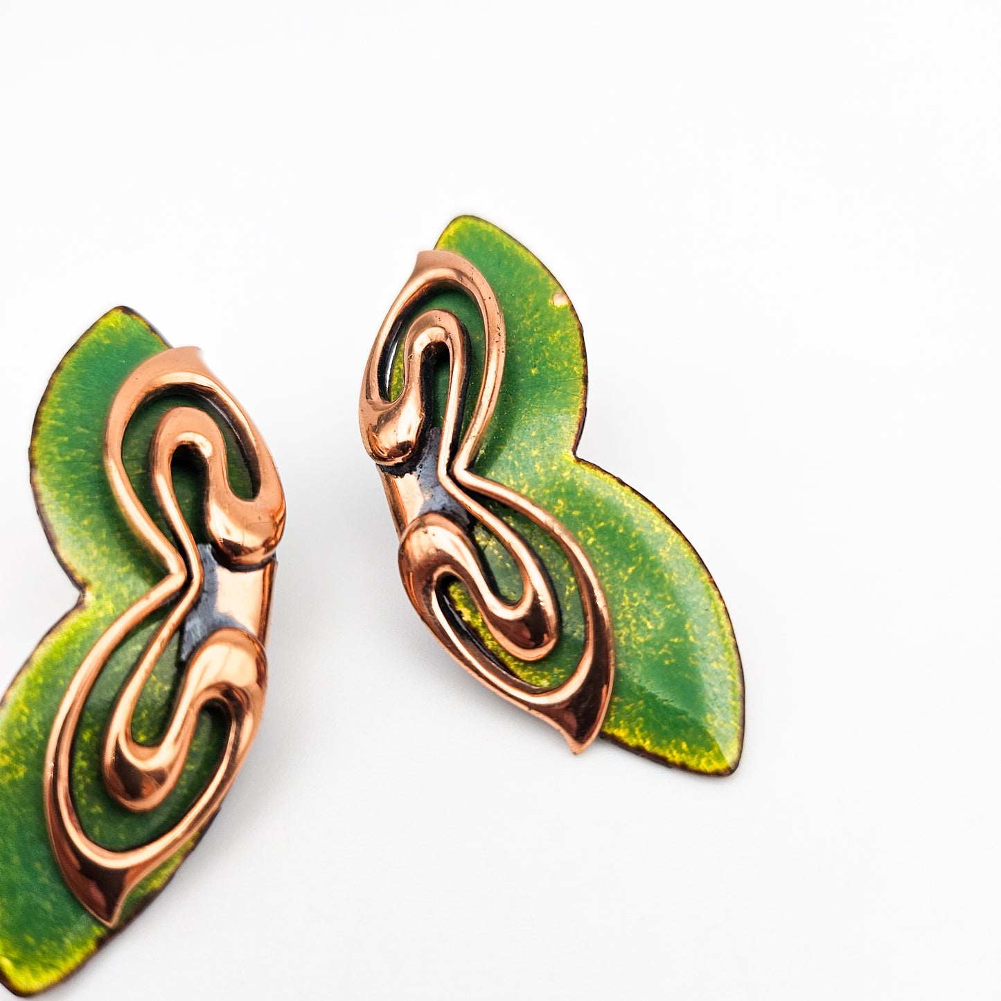 Signed Matisse Green Enamel Butterfly Earrings | Mid-Century Copper Jewelry
