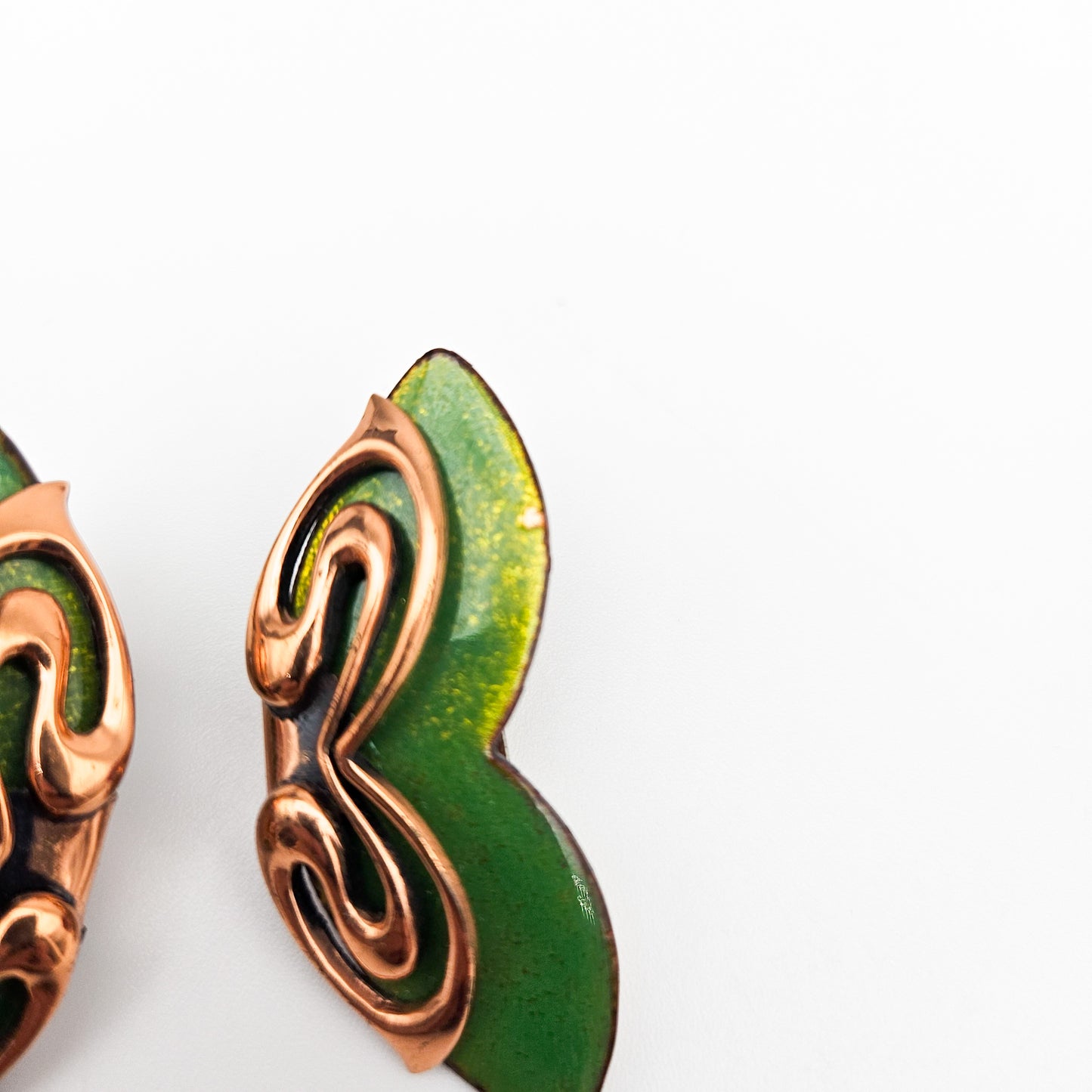 Signed Matisse Green Enamel Butterfly Earrings | Mid-Century Copper Jewelry