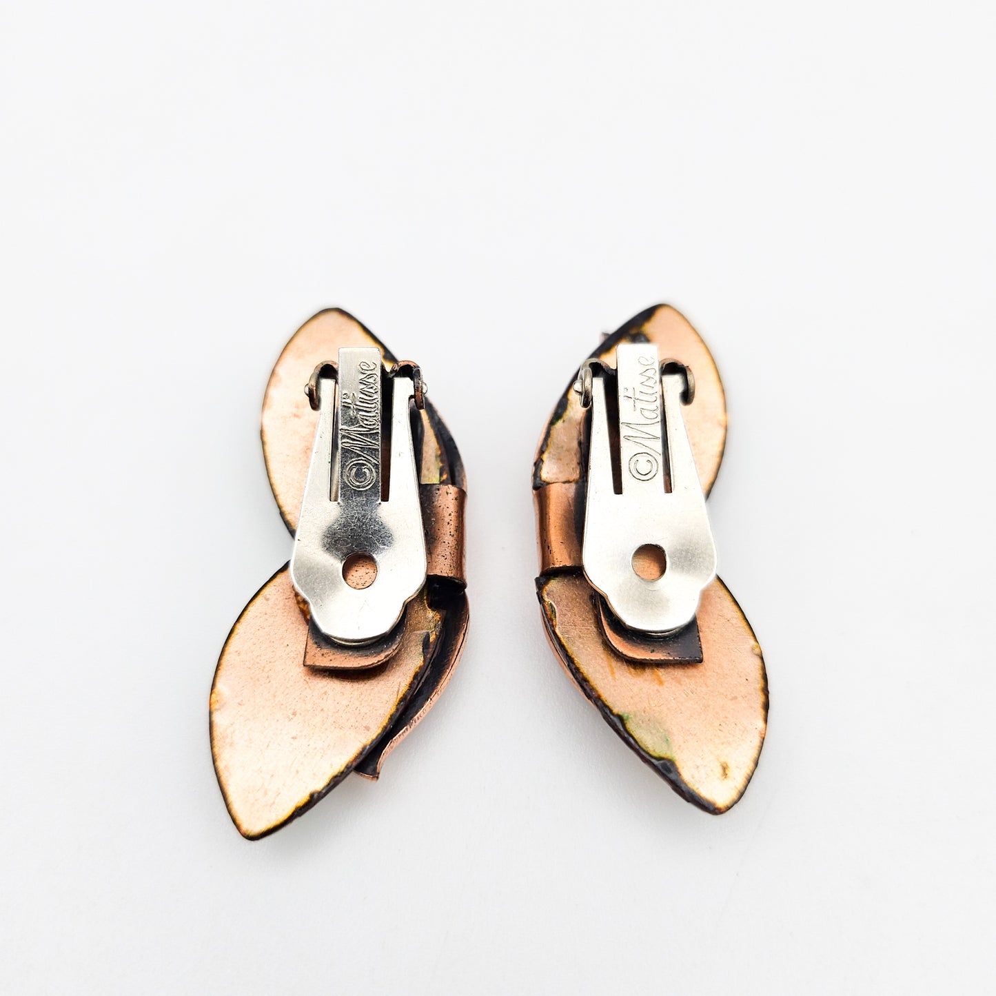 Signed Matisse Green Enamel Butterfly Earrings | Mid-Century Copper Jewelry