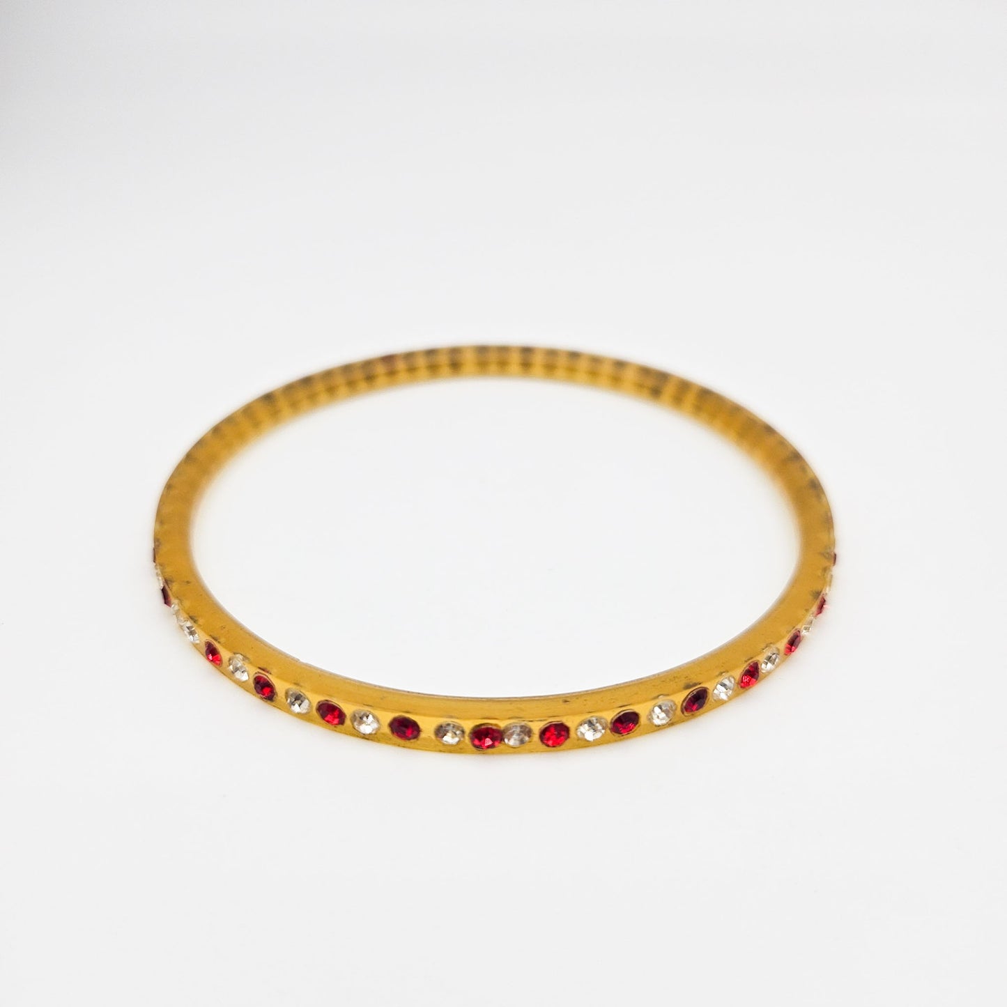 Red & Clear Rhinestone Celluloid Bangle Bracelet | Art Deco Style Jewelry