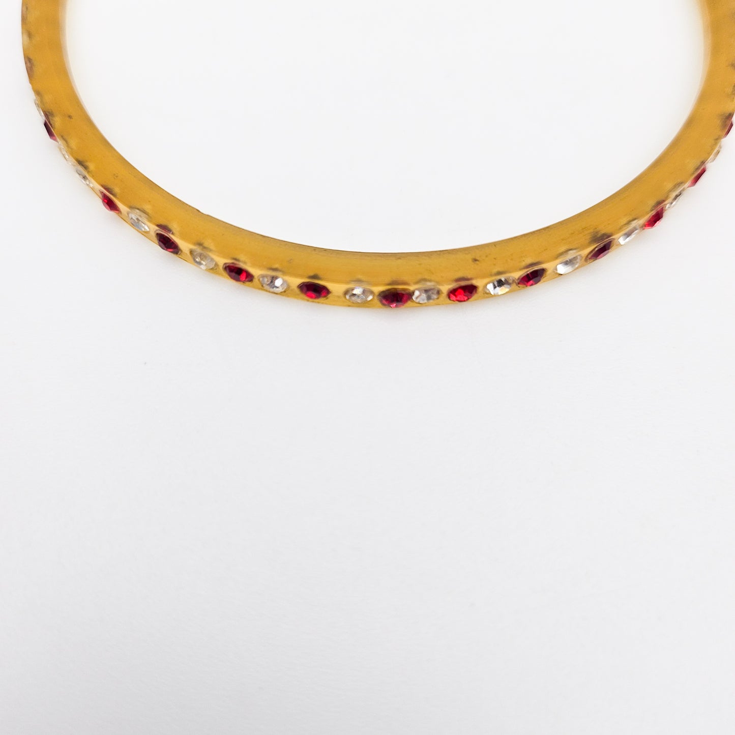Red & Clear Rhinestone Celluloid Bangle Bracelet | Art Deco Style Jewelry
