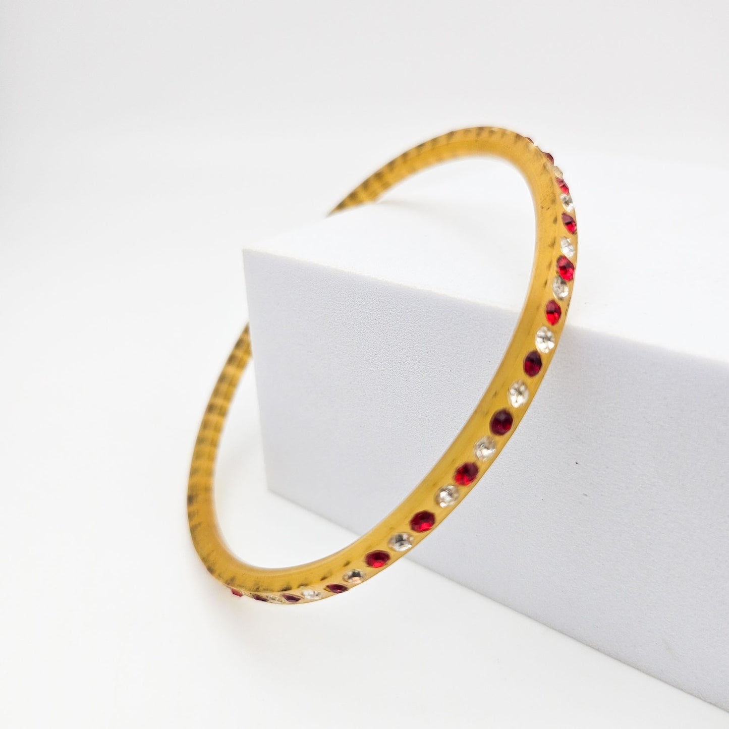 Red & Clear Rhinestone Celluloid Bangle Bracelet | Art Deco Style Jewelry