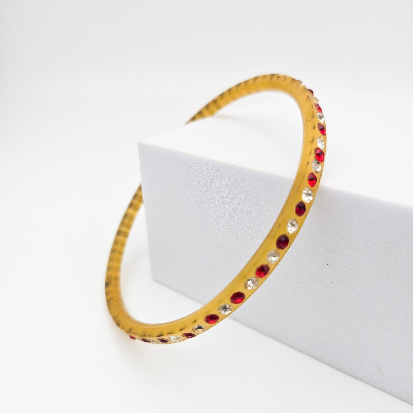 Red & Clear Rhinestone Celluloid Bangle Bracelet | Art Deco Style Jewelry