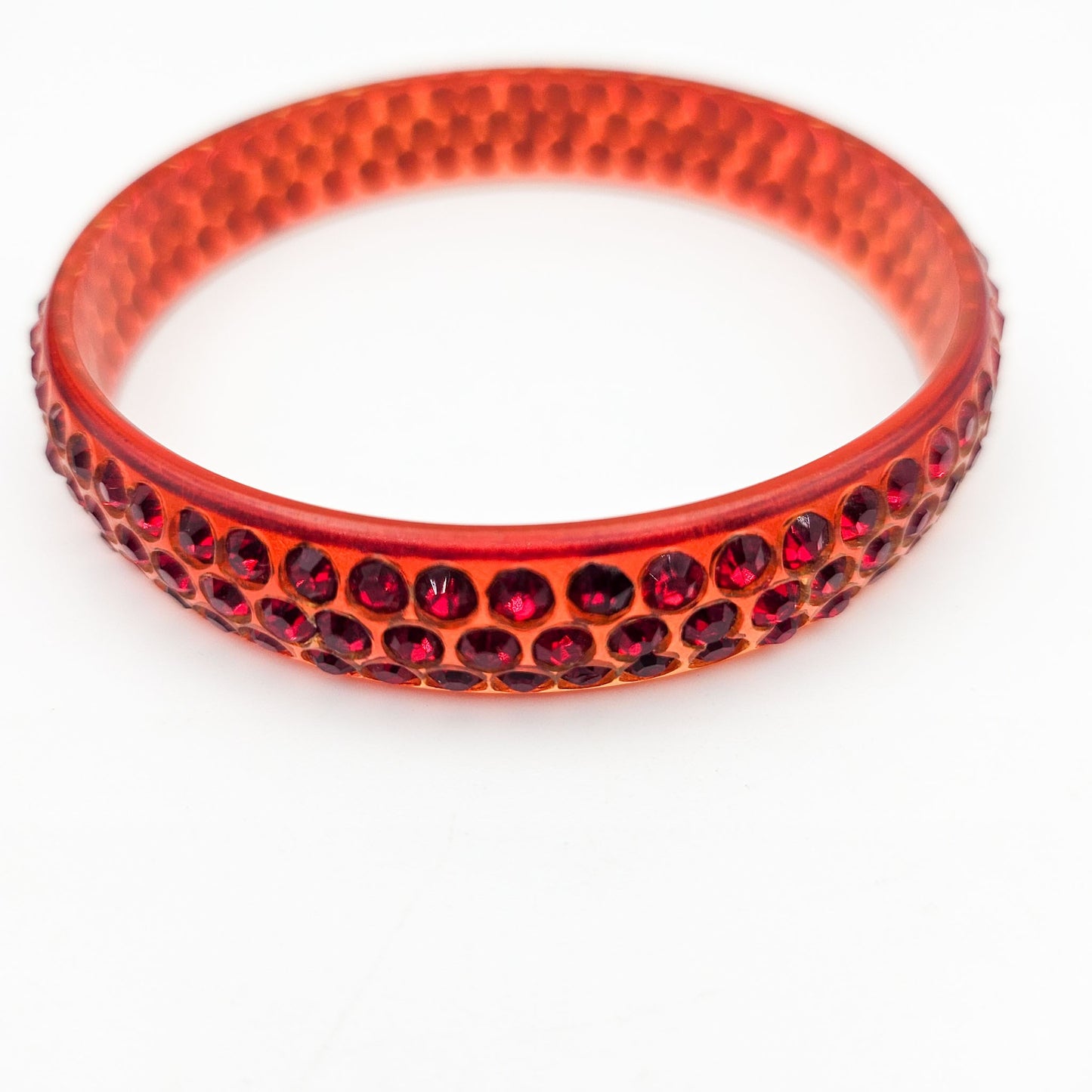 Red Rhinestone Celluloid Bangle Bracelet | 3-Row Art Deco Jewelry