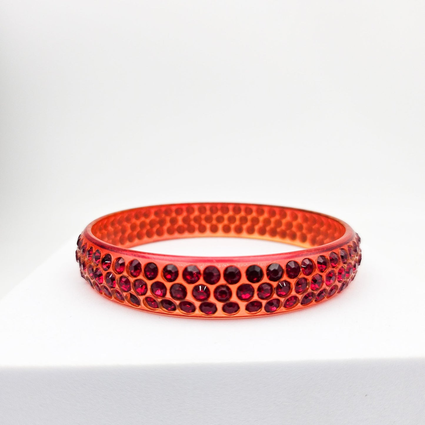 Red Rhinestone Celluloid Bangle Bracelet | 3-Row Art Deco Jewelry