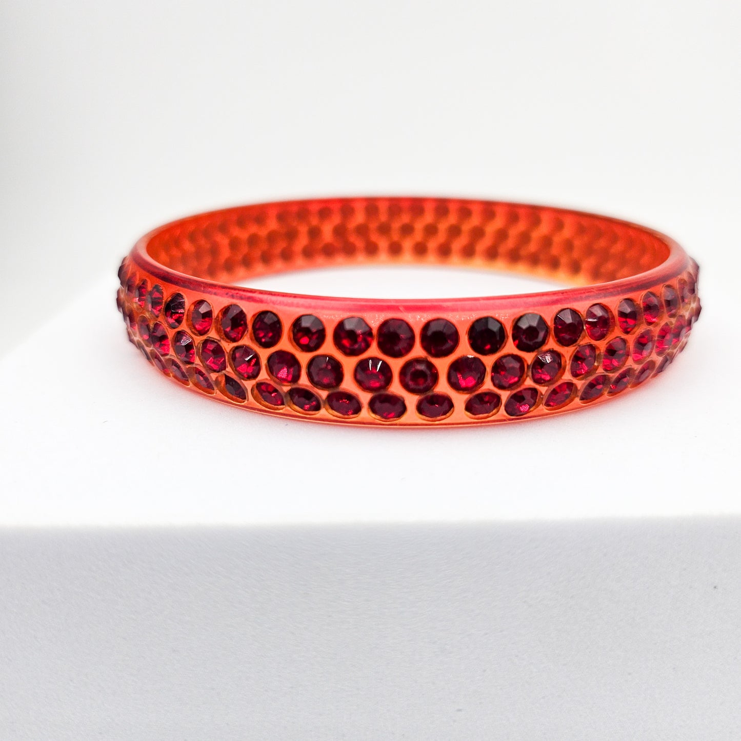 Red Rhinestone Celluloid Bangle Bracelet | 3-Row Art Deco Jewelry