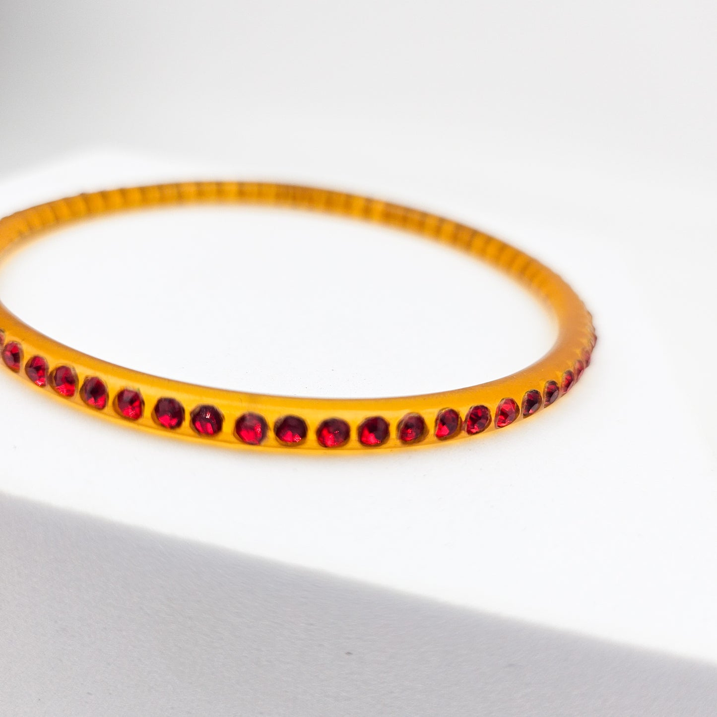 Red Rhinestone Celluloid Bangle Bracelet | 2-Row Art Deco Vintage Jewelry