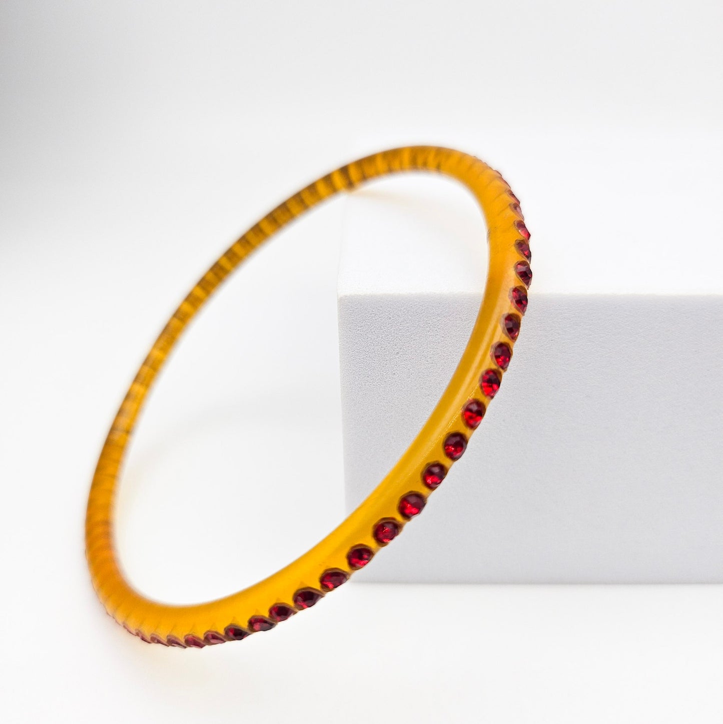 Red Rhinestone Celluloid Bangle Bracelet | 2-Row Art Deco Vintage Jewelry