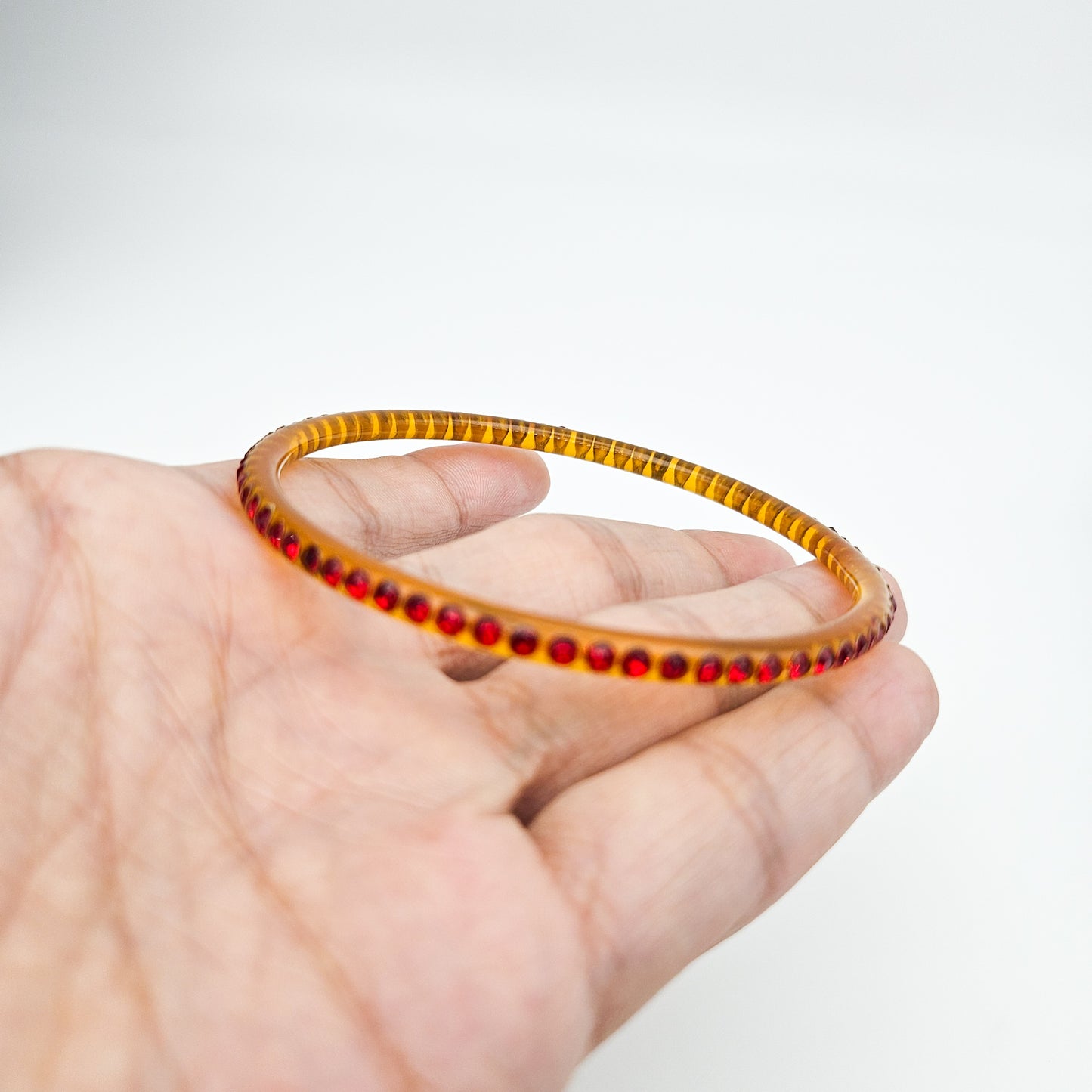Red Rhinestone Celluloid Bangle Bracelet | 2-Row Art Deco Vintage Jewelry