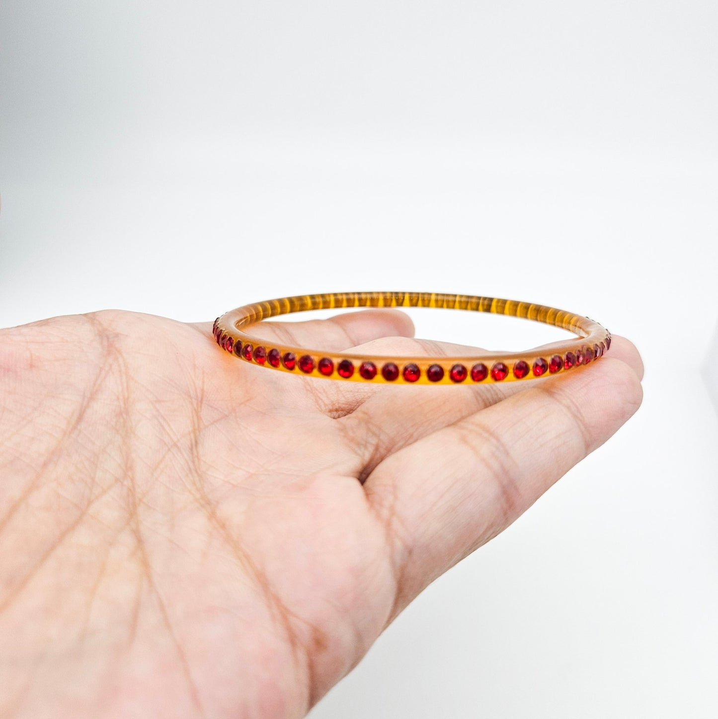 Red Rhinestone Celluloid Bangle Bracelet | 2-Row Art Deco Vintage Jewelry