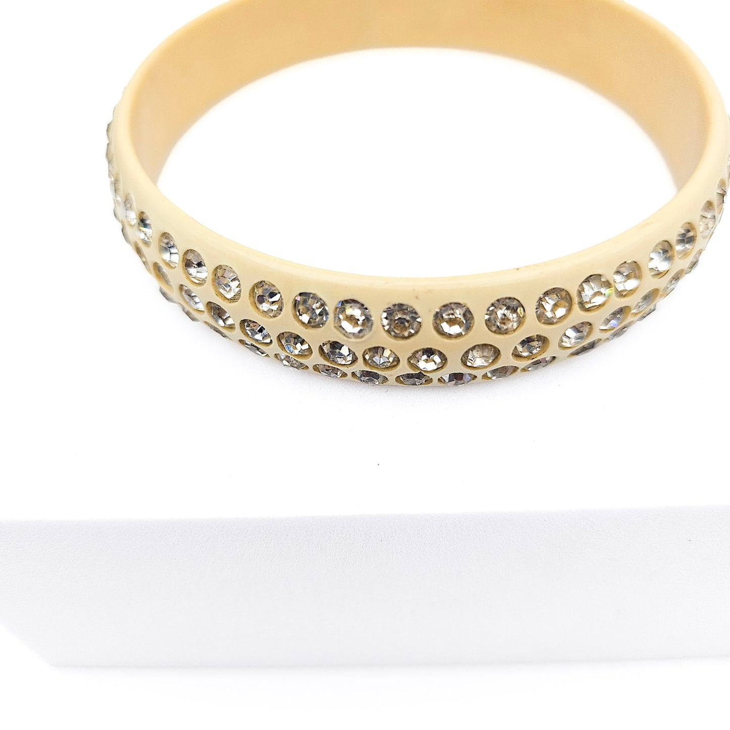 White Celluloid Rhinestone Bangle Bracelet | Art Deco Era Vintage Jewelry
