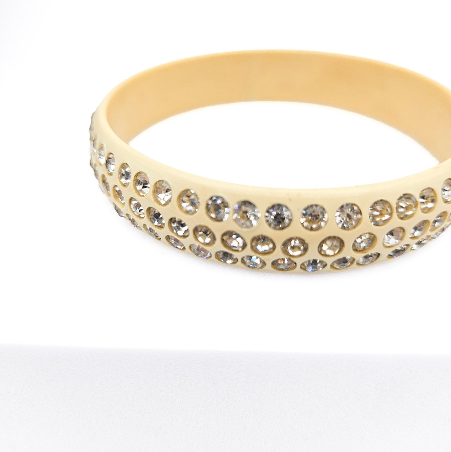 White Celluloid Rhinestone Bangle Bracelet | Art Deco Era Vintage Jewelry