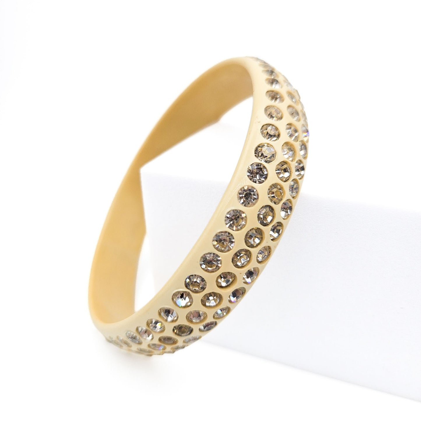White Celluloid Rhinestone Bangle Bracelet | Art Deco Era Vintage Jewelry