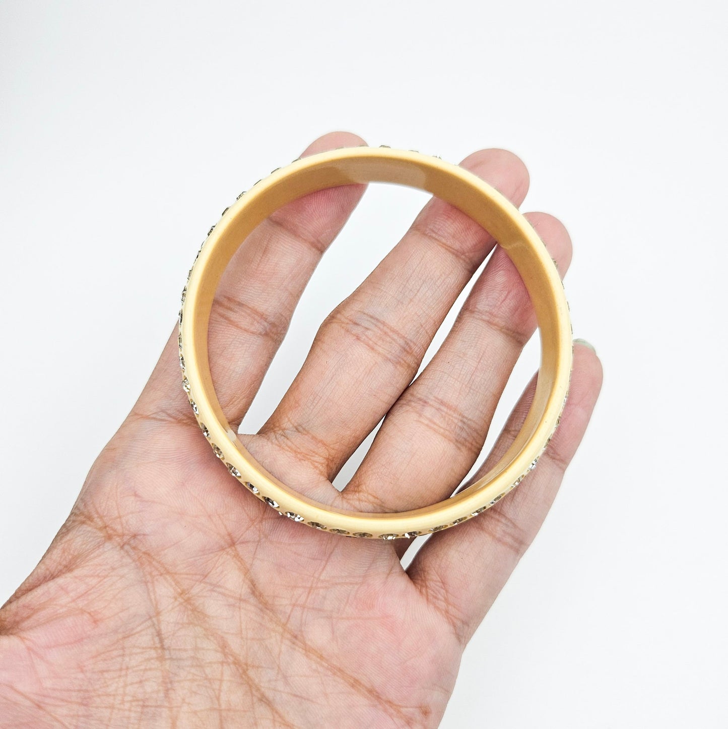 White Celluloid Rhinestone Bangle Bracelet | Art Deco Era Vintage Jewelry