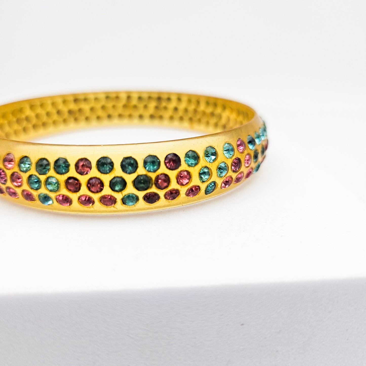 Multicolor Rhinestone Celluloid Bangle Bracelet | Art Deco Style Jewelry
