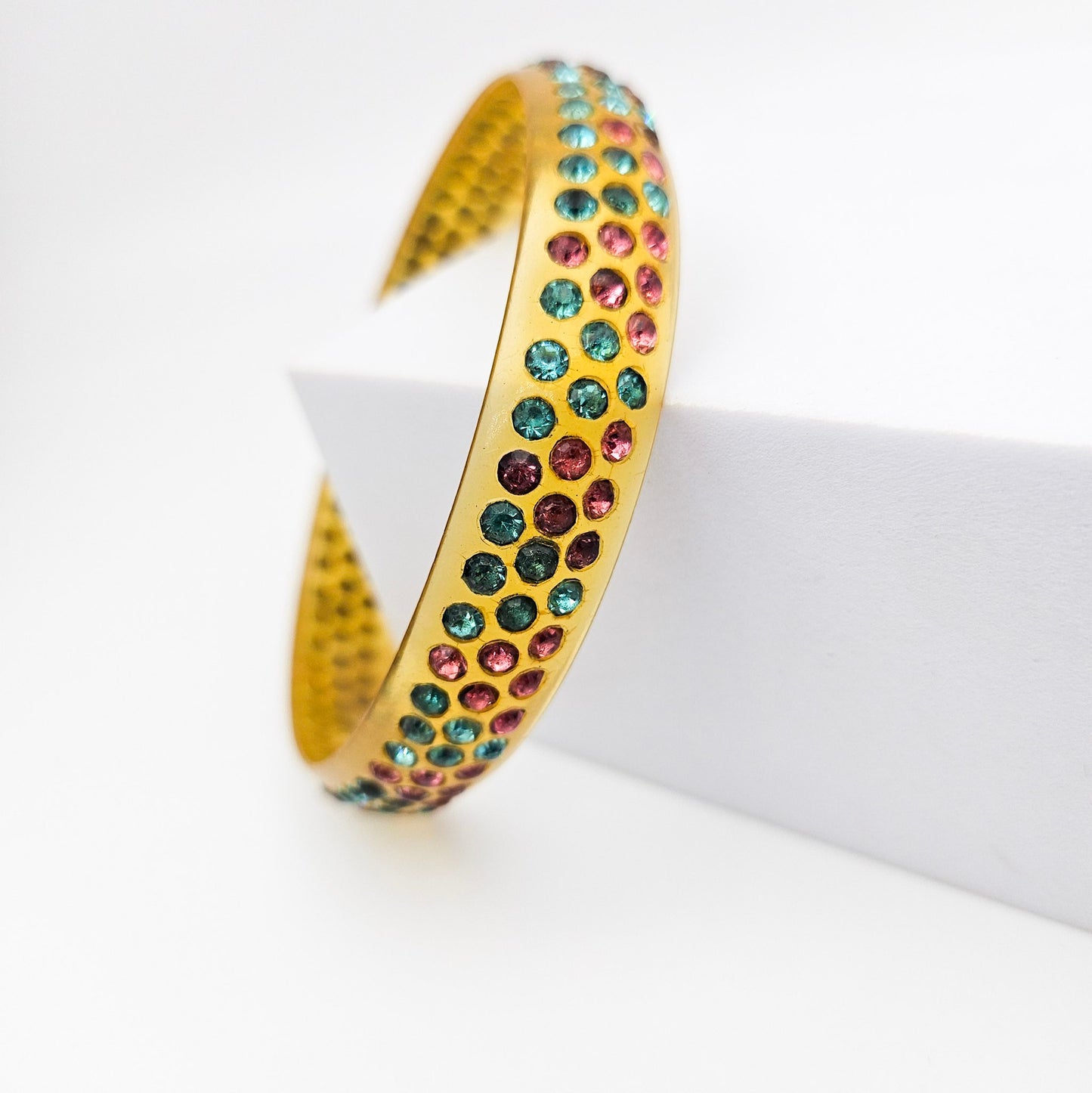 Multicolor Rhinestone Celluloid Bangle Bracelet | Art Deco Style Jewelry
