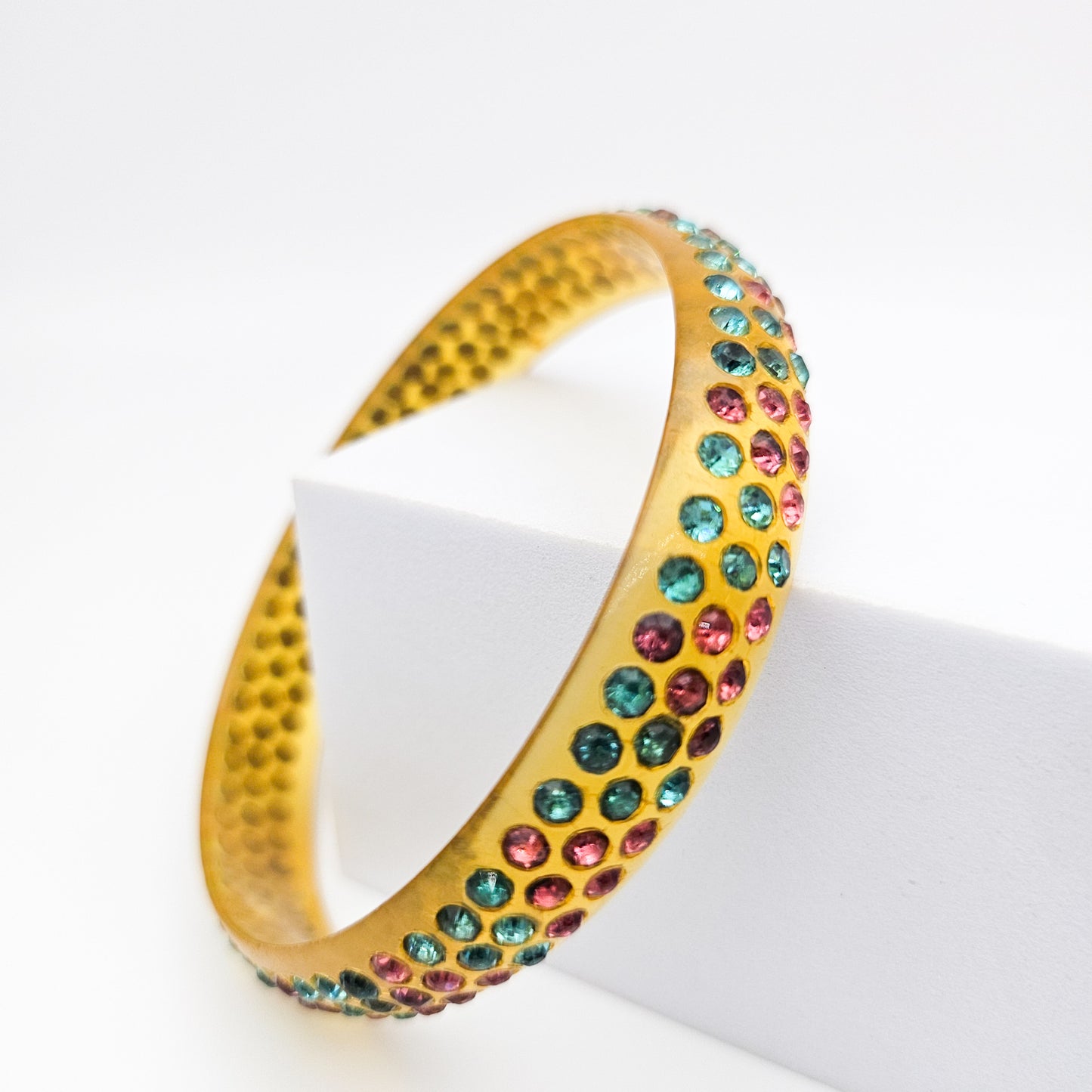 Multicolor Rhinestone Celluloid Bangle Bracelet | Art Deco Style Jewelry