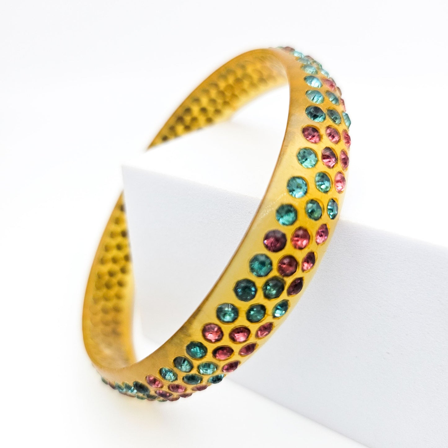 Multicolor Rhinestone Celluloid Bangle Bracelet | Art Deco Style Jewelry