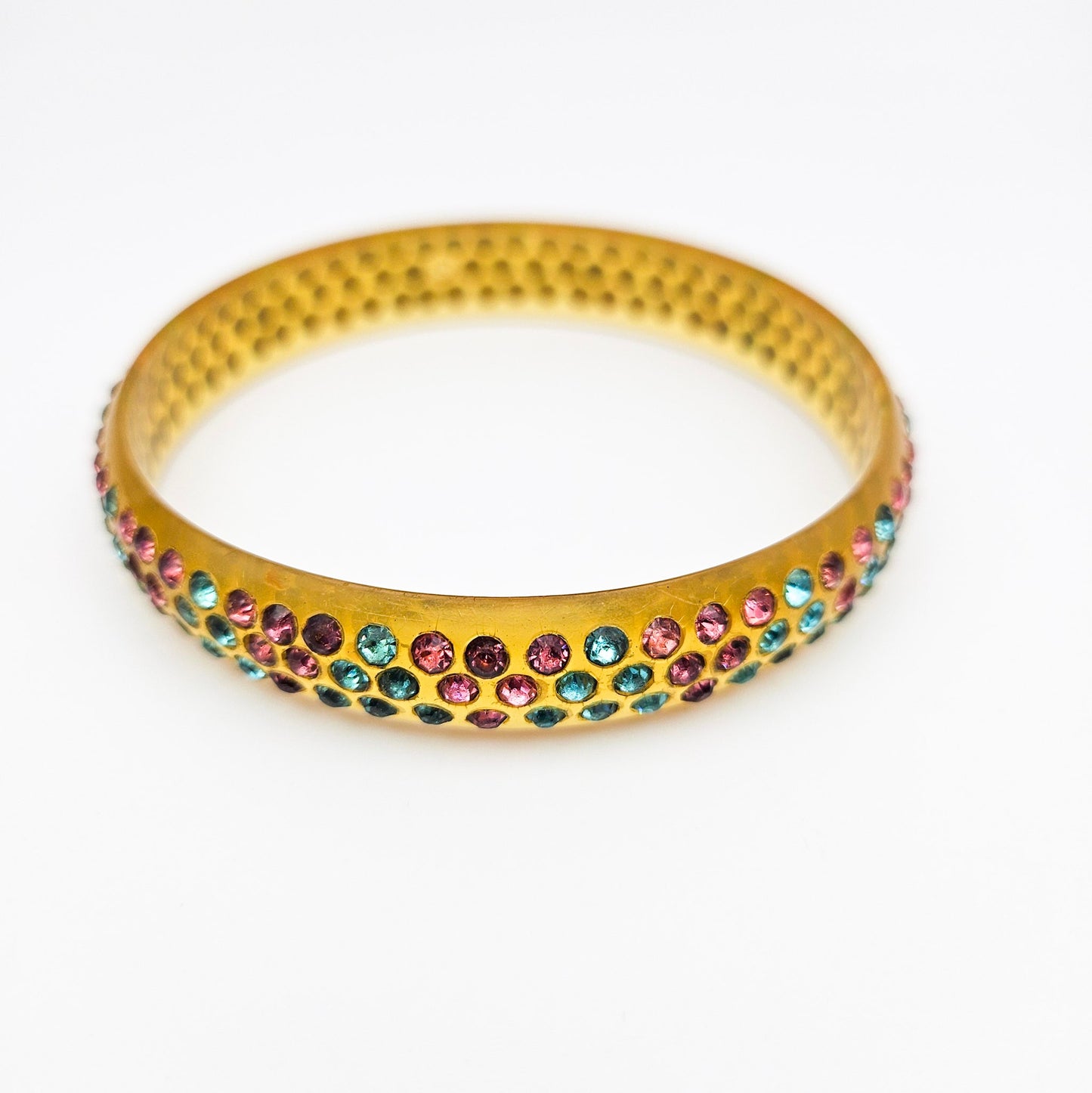 Multicolor Rhinestone Celluloid Bangle Bracelet | Art Deco Style Jewelry