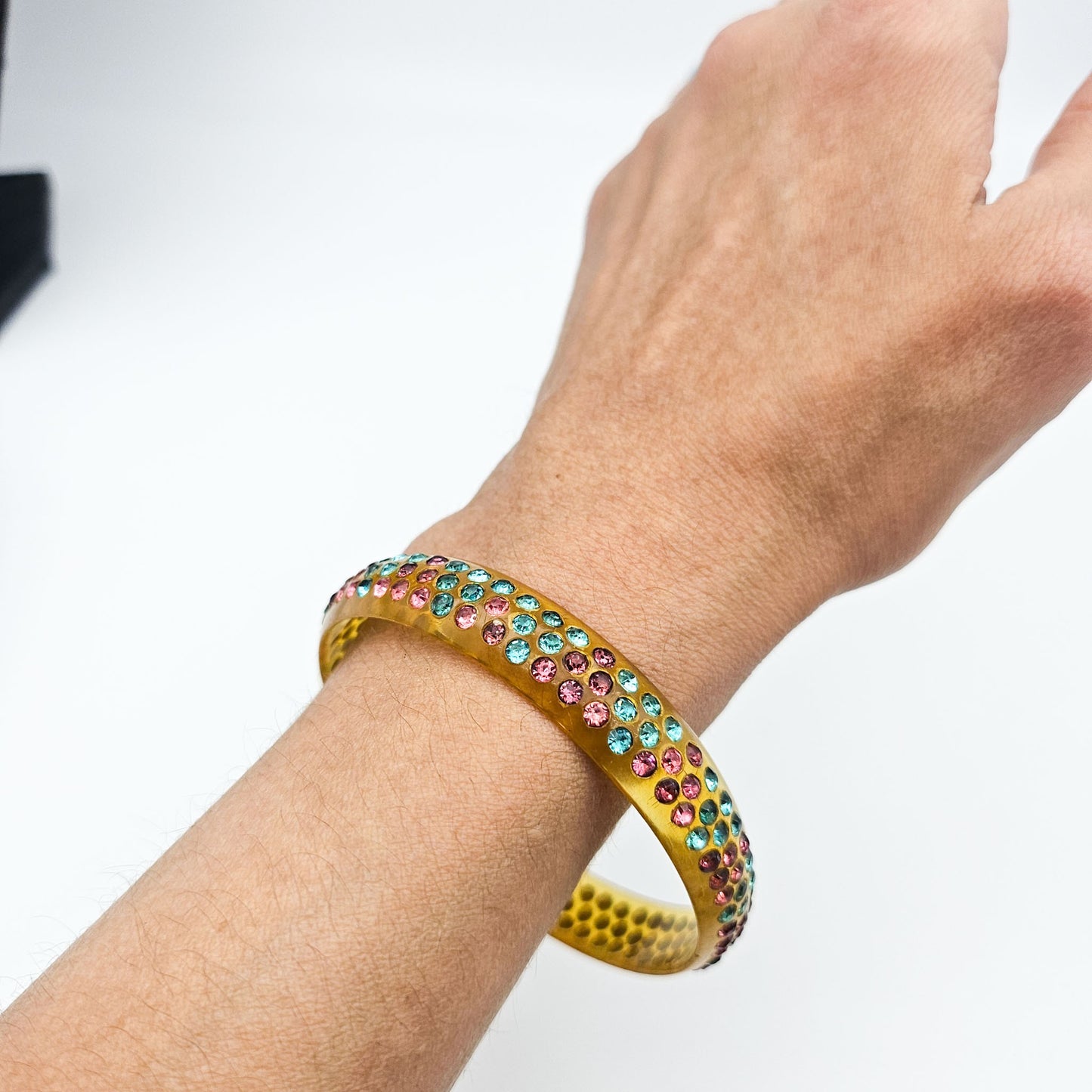 Multicolor Rhinestone Celluloid Bangle Bracelet | Art Deco Style Jewelry
