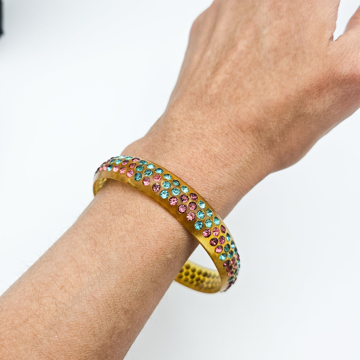 Multicolor Rhinestone Celluloid Bangle Bracelet | Art Deco Style Jewelry