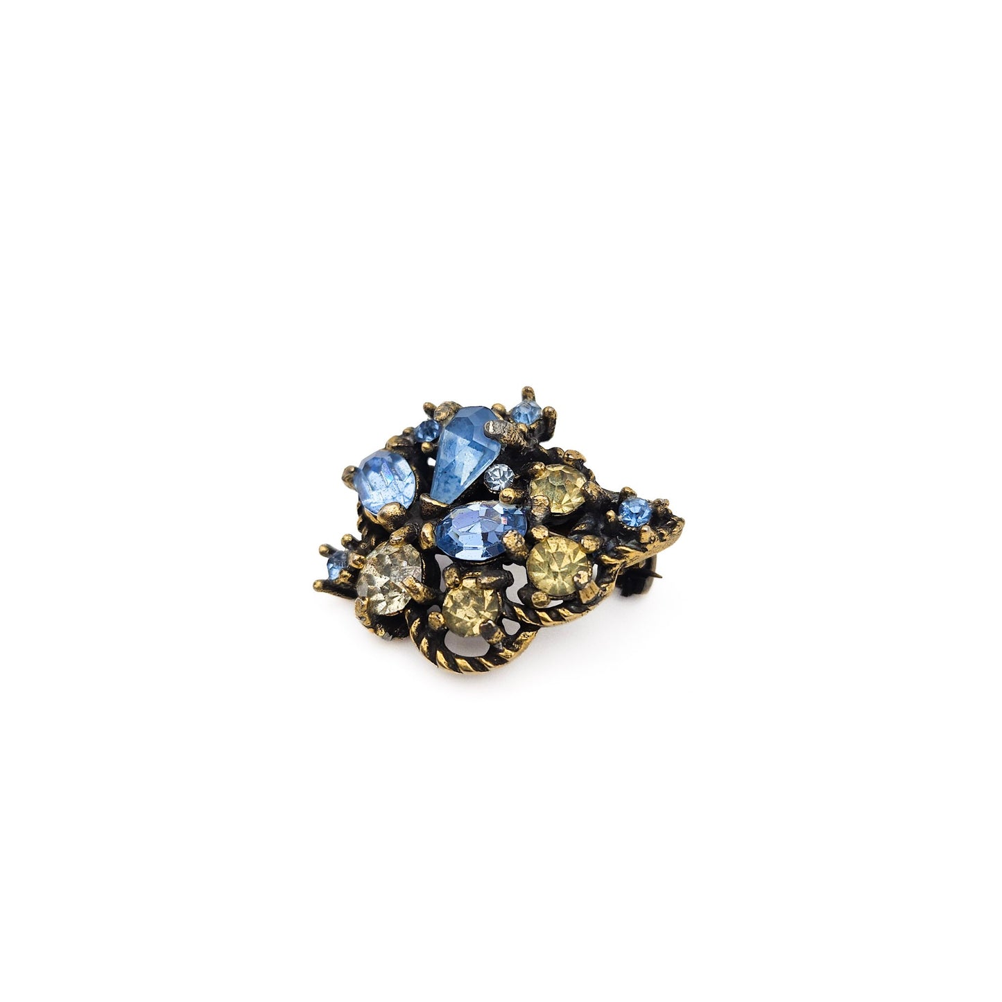 Signed Hollycraft Blue Rhinestone Scatter Brooch | Mid-Century Floral Pin