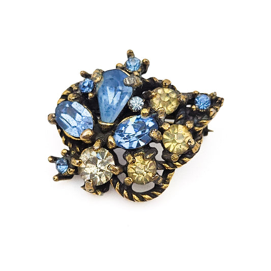 Signed Hollycraft Blue Rhinestone Scatter Brooch | Mid-Century Floral Pin