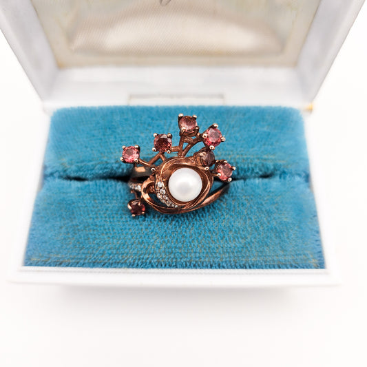 Sterling Silver Floral Spray Ring with Pearl & Pink Stones | Mid-Century