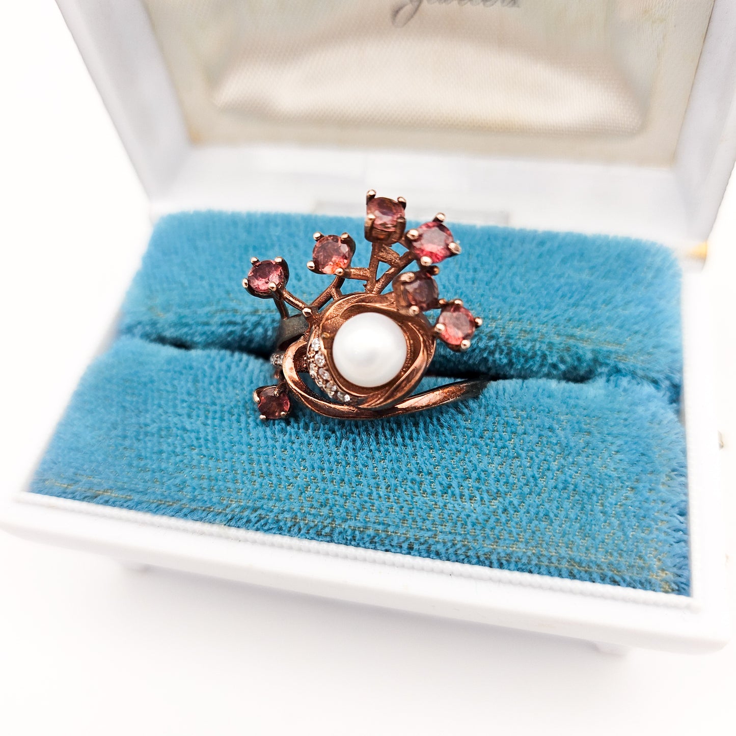 Sterling Silver Floral Spray Ring with Pearl & Pink Stones | Mid-Century