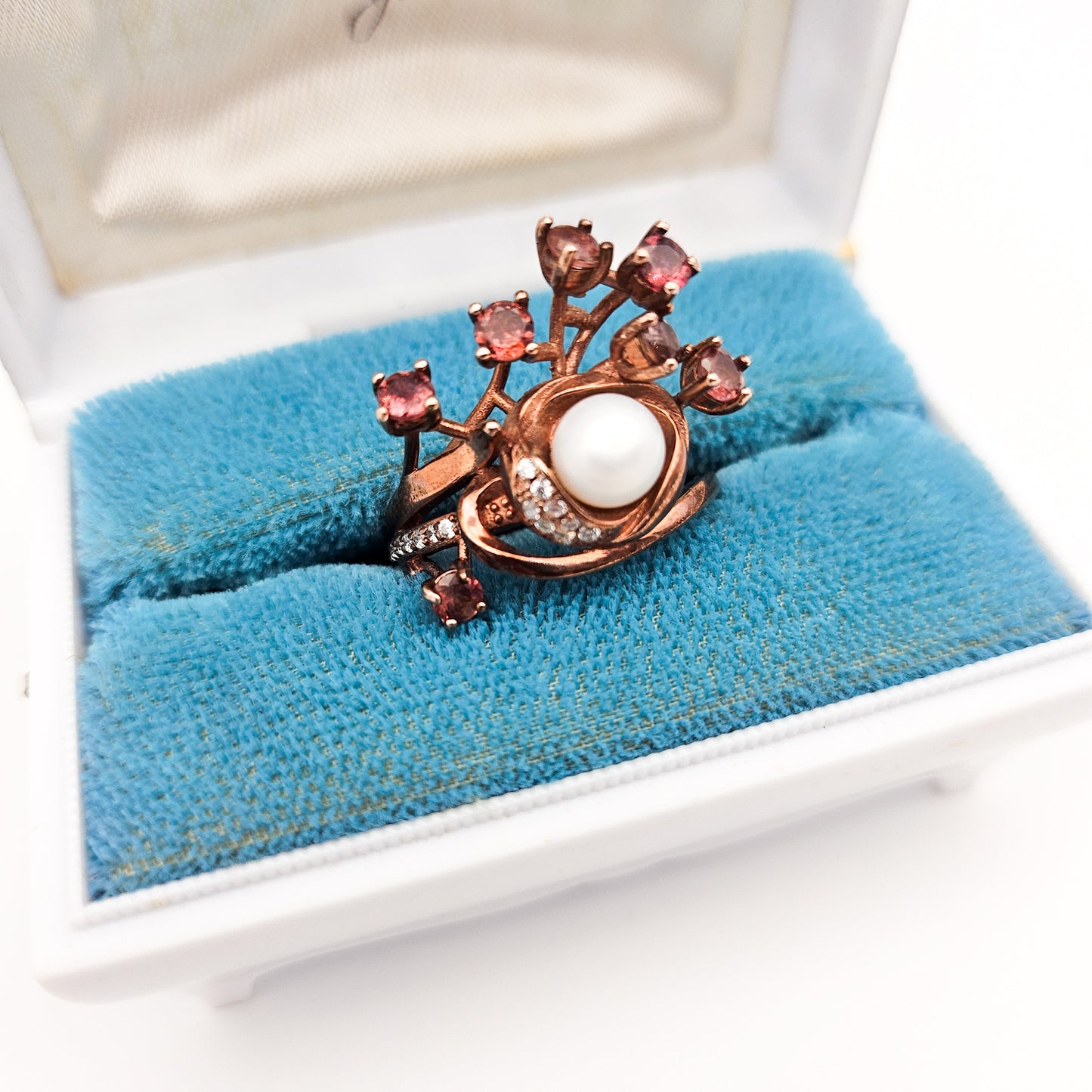 Sterling Silver Floral Spray Ring with Pearl & Pink Stones | Mid-Century