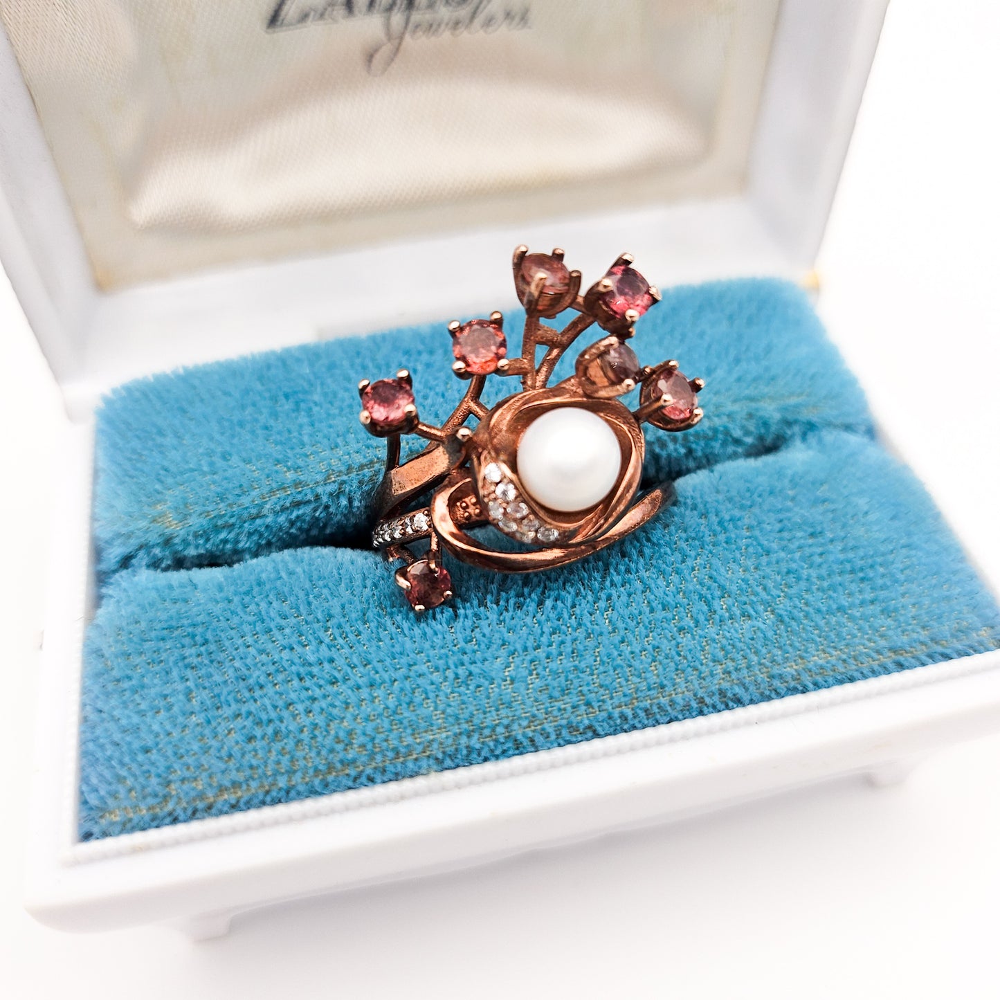 Sterling Silver Floral Spray Ring with Pearl & Pink Stones | Mid-Century