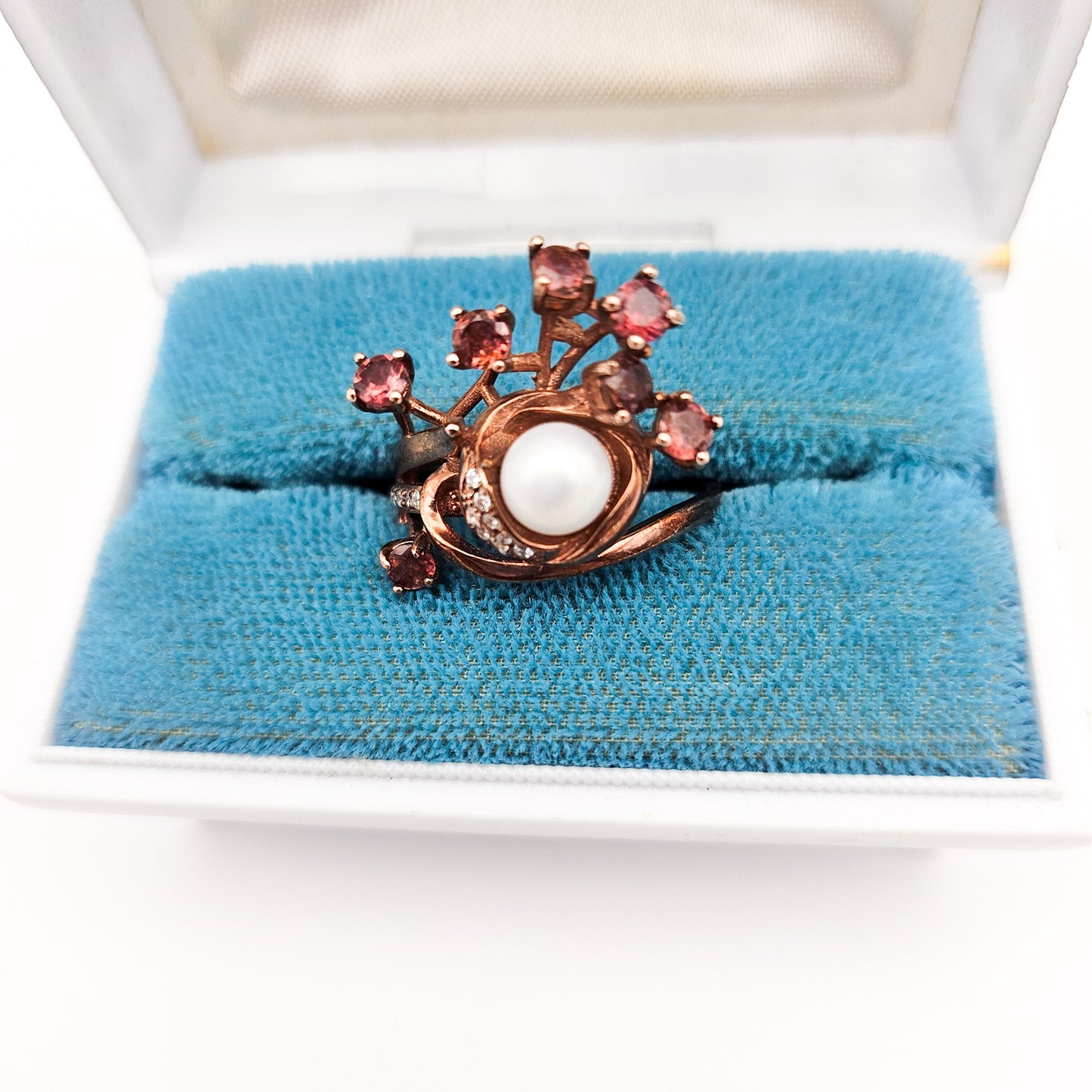 Sterling Silver Floral Spray Ring with Pearl & Pink Stones | Mid-Century