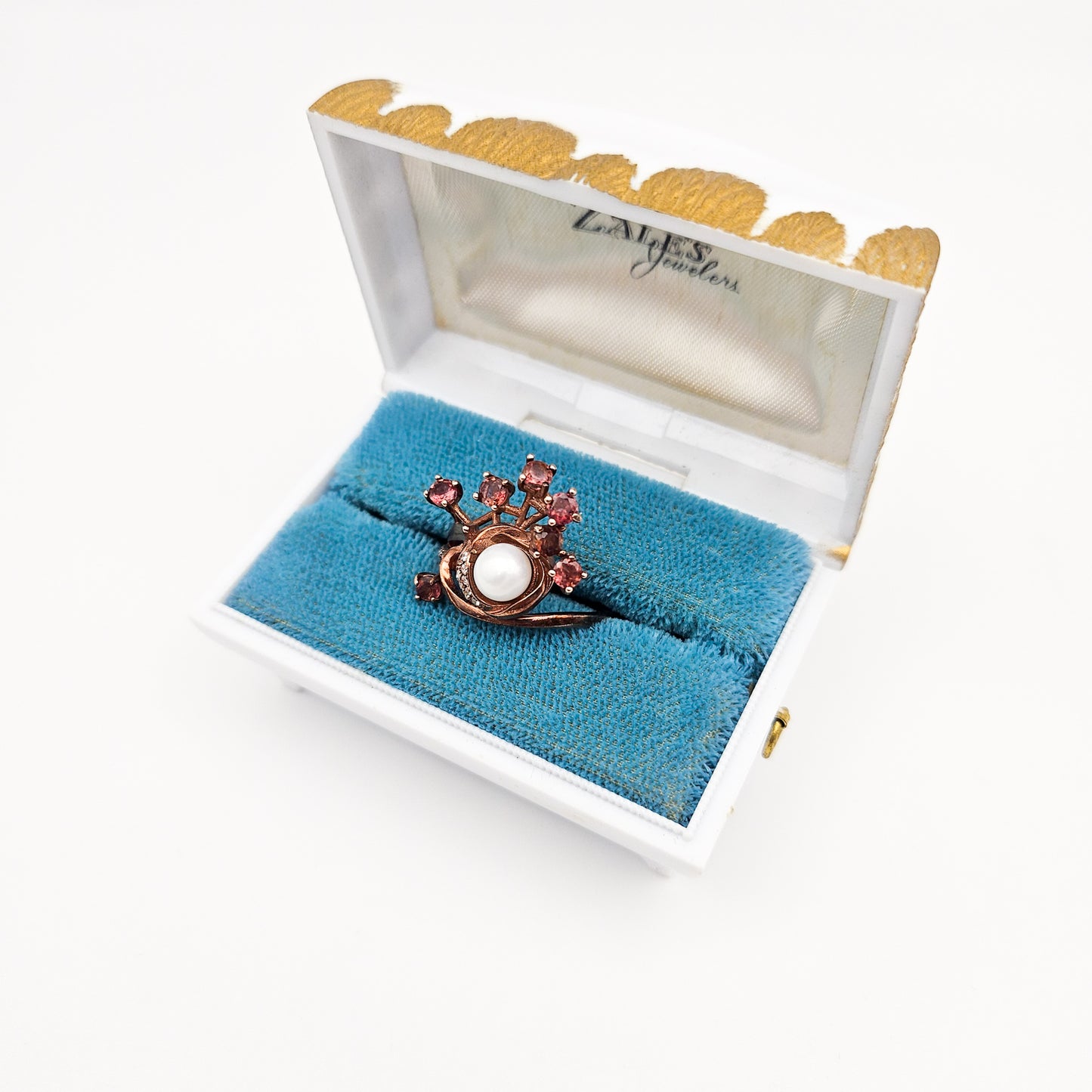 Sterling Silver Floral Spray Ring with Pearl & Pink Stones | Mid-Century