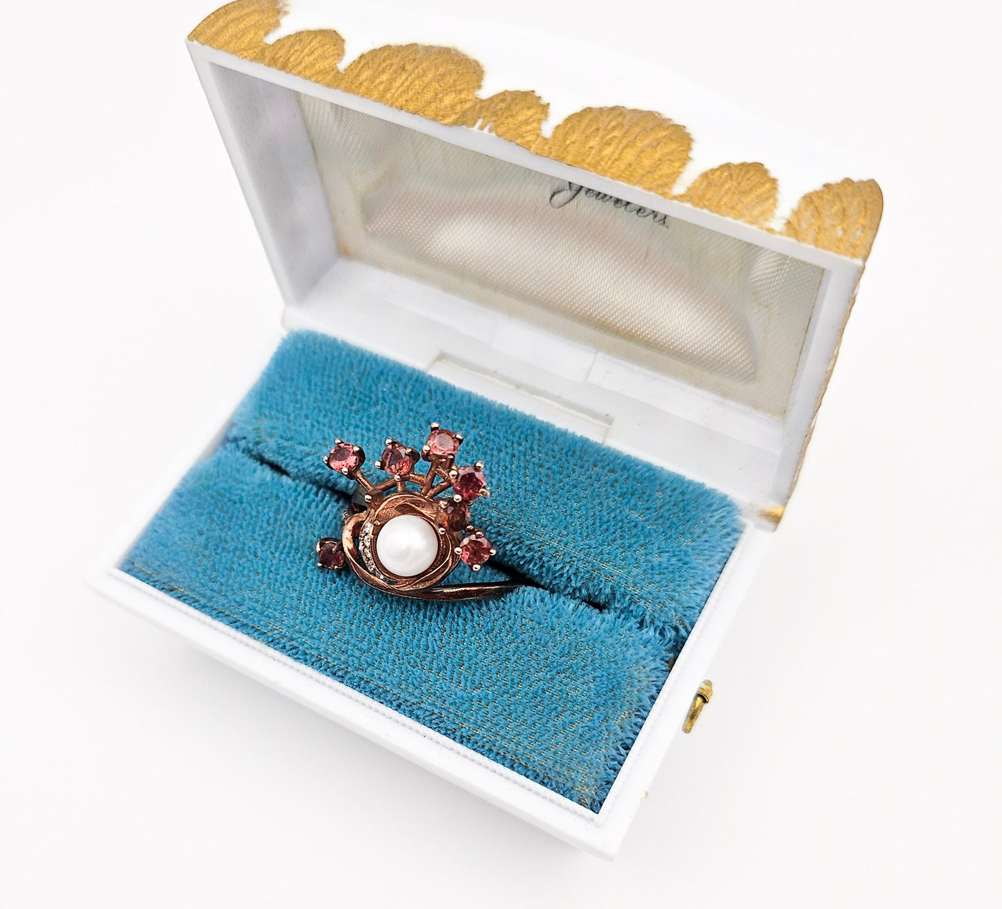 Sterling Silver Floral Spray Ring with Pearl & Pink Stones | Mid-Century