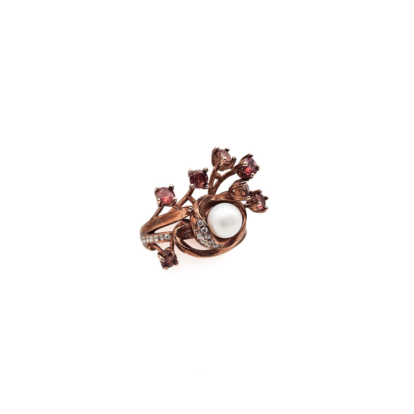 Sterling Silver Floral Spray Ring with Pearl & Pink Stones | Mid-Century