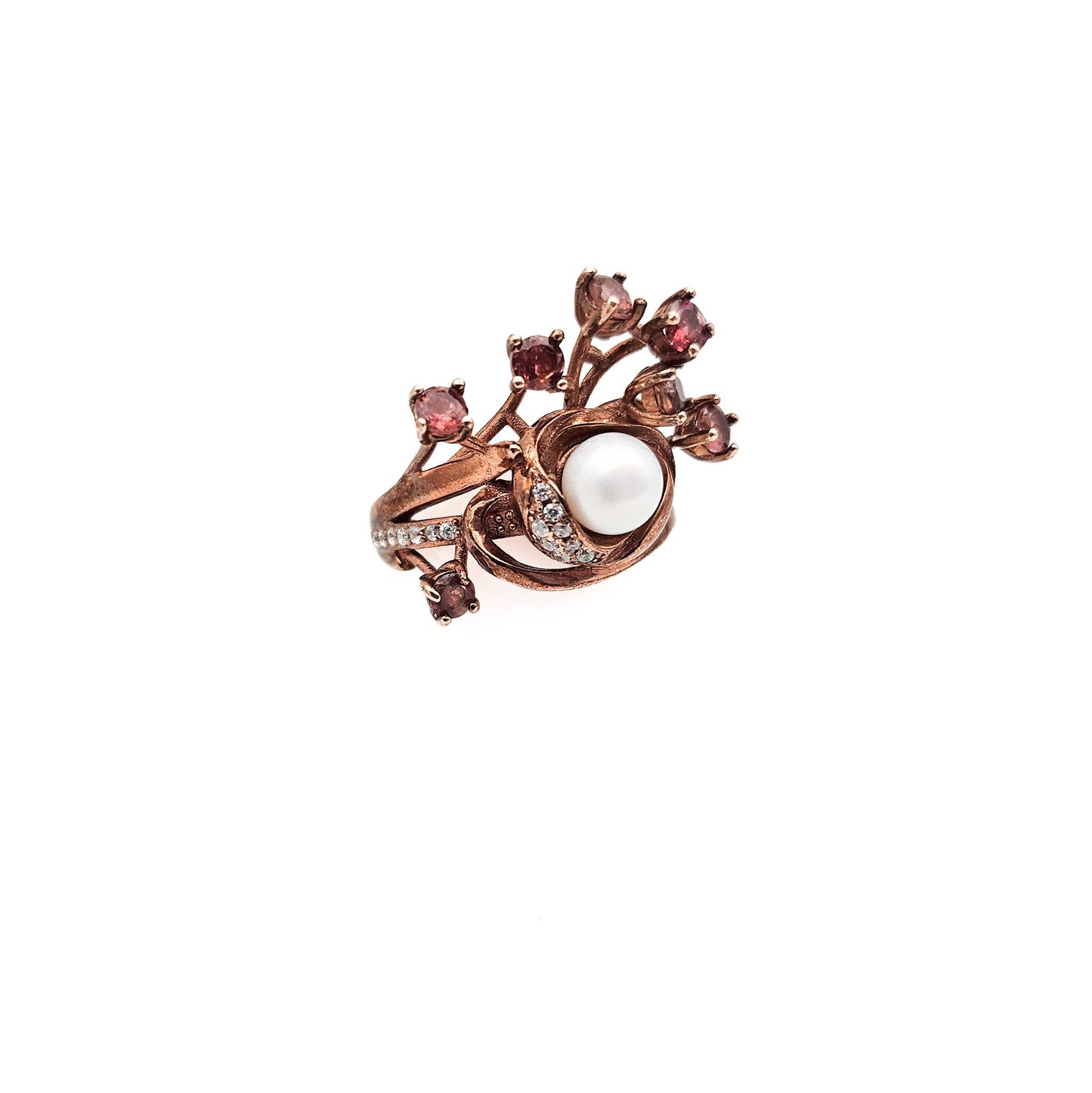 Sterling Silver Floral Spray Ring with Pearl & Pink Stones | Mid-Century