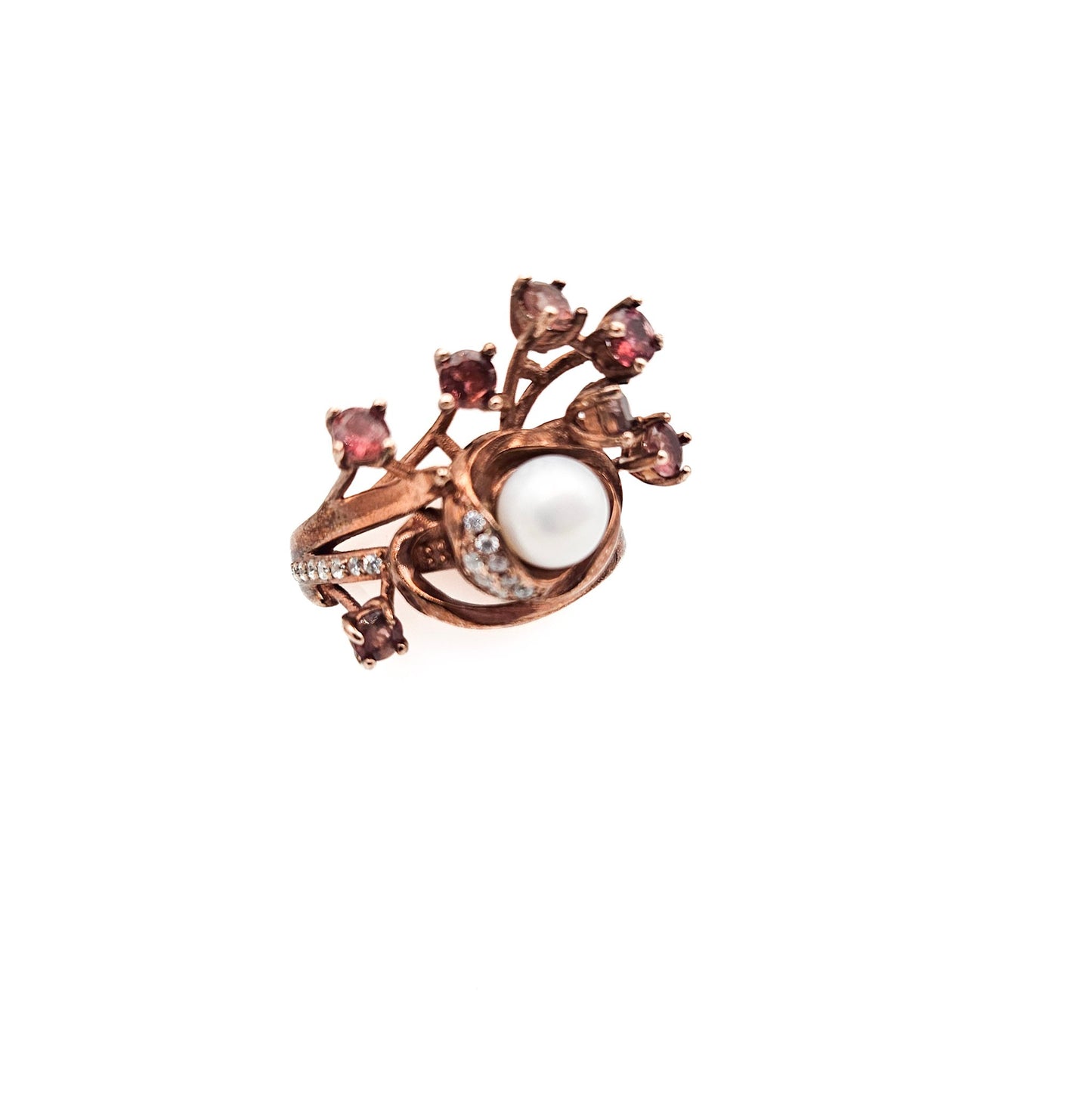 Sterling Silver Floral Spray Ring with Pearl & Pink Stones | Mid-Century