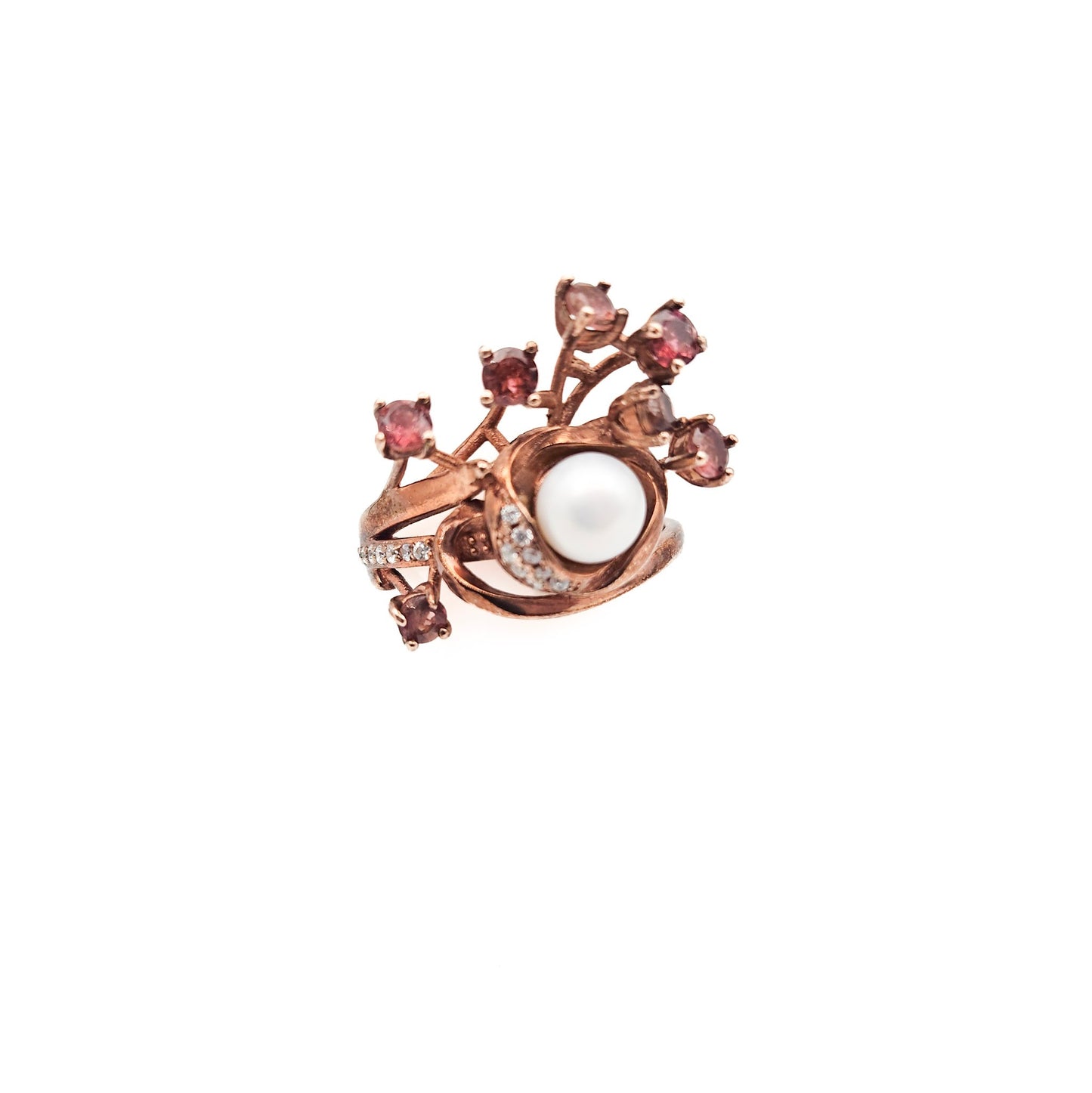 Sterling Silver Floral Spray Ring with Pearl & Pink Stones | Mid-Century