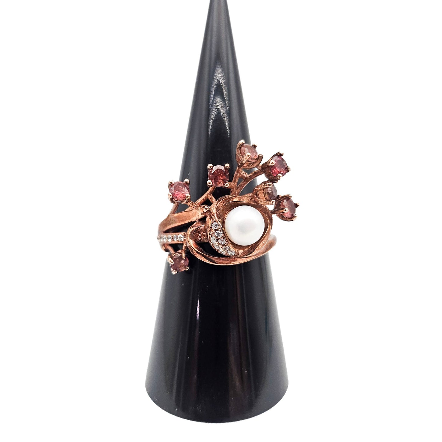 Sterling Silver Floral Spray Ring with Pearl & Pink Stones | Mid-Century