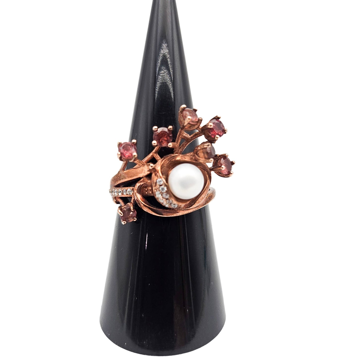 Sterling Silver Floral Spray Ring with Pearl & Pink Stones | Mid-Century