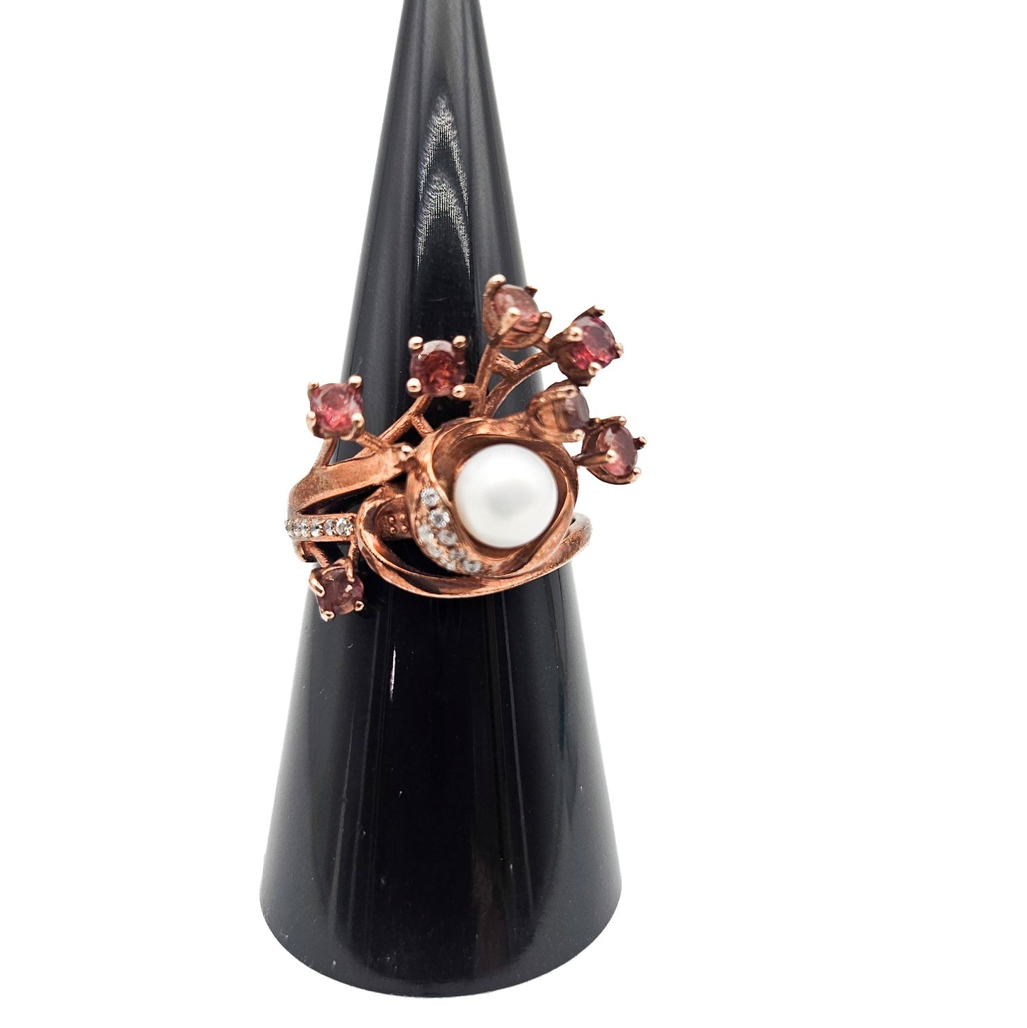 Sterling Silver Floral Spray Ring with Pearl & Pink Stones | Mid-Century