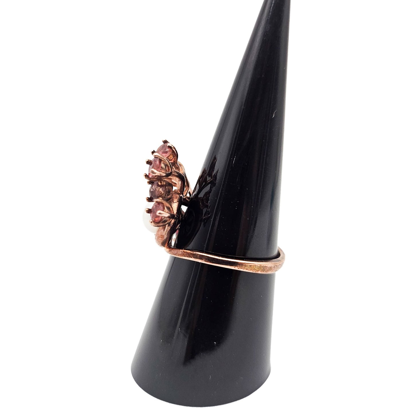 Sterling Silver Floral Spray Ring with Pearl & Pink Stones | Mid-Century