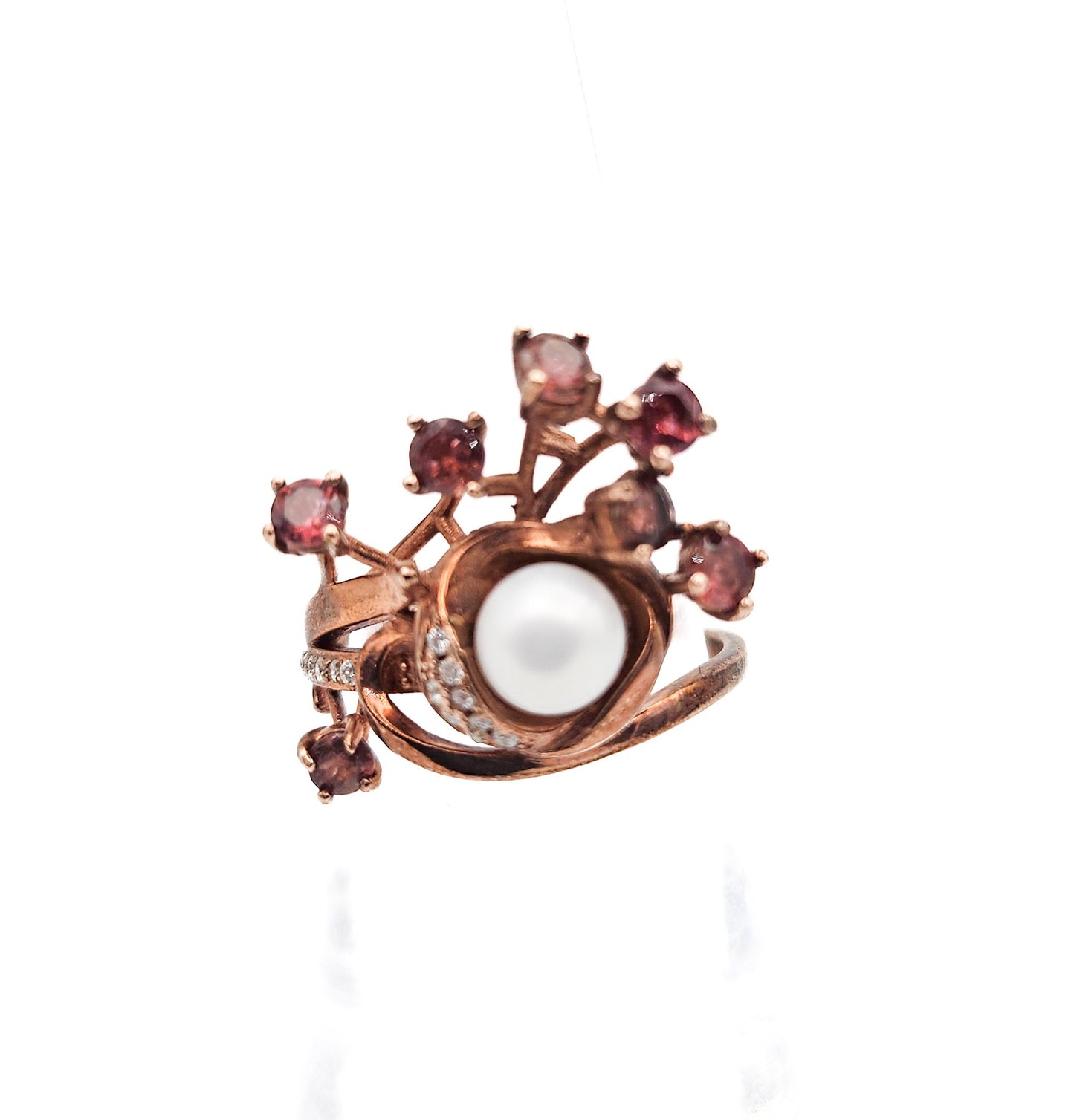 Sterling Silver Floral Spray Ring with Pearl & Pink Stones | Mid-Century