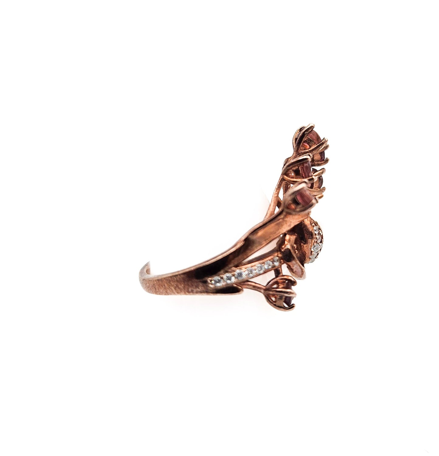 Sterling Silver Floral Spray Ring with Pearl & Pink Stones | Mid-Century