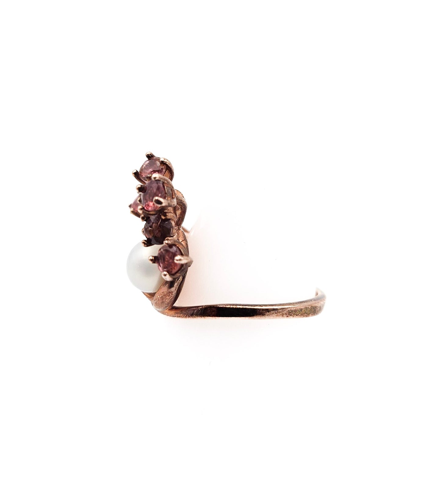 Sterling Silver Floral Spray Ring with Pearl & Pink Stones | Mid-Century